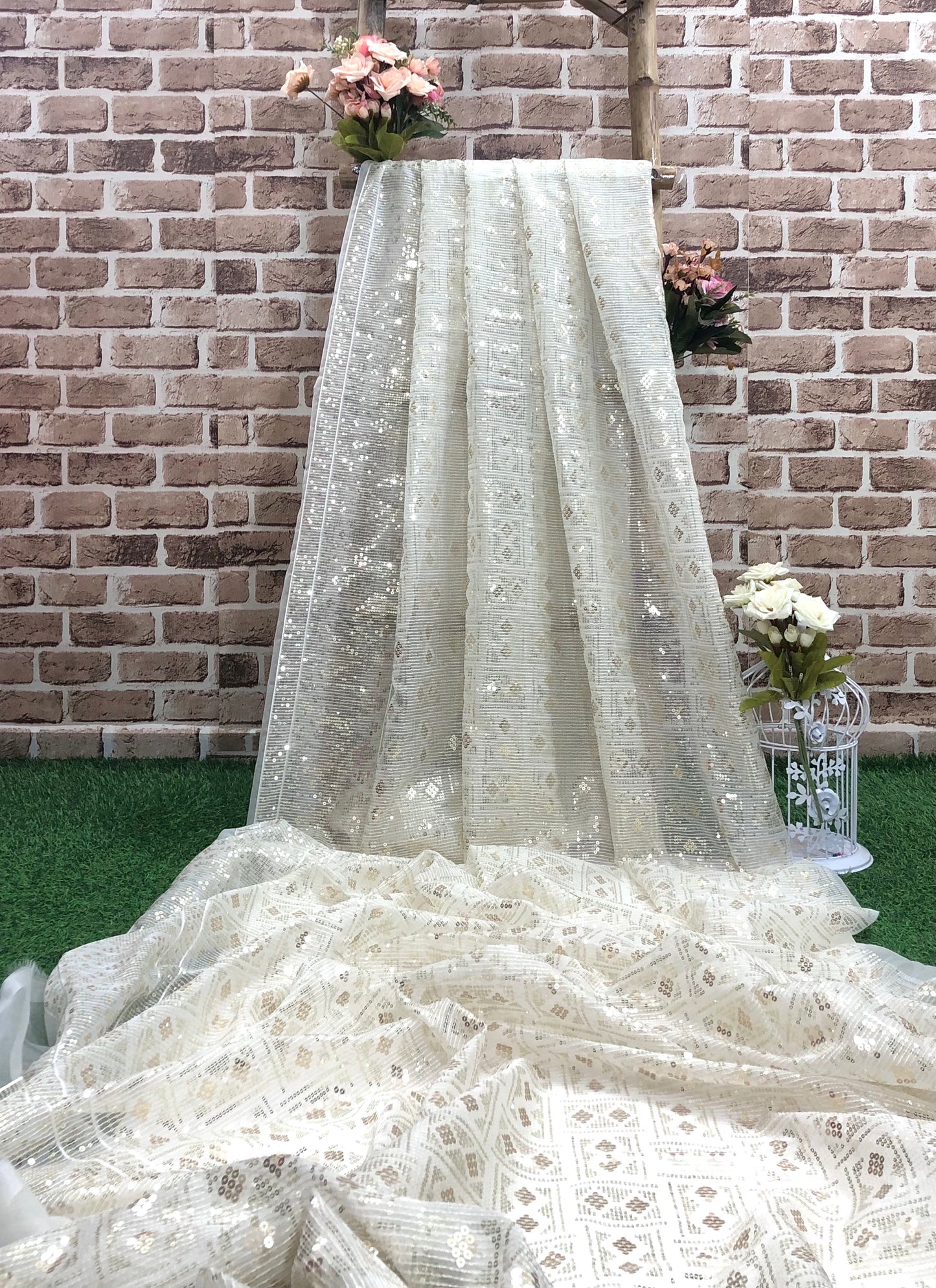 Indian Embroidered Sequins Organza Fabric in Off White color, Multiple lengths will come in the continuous piece - NF934