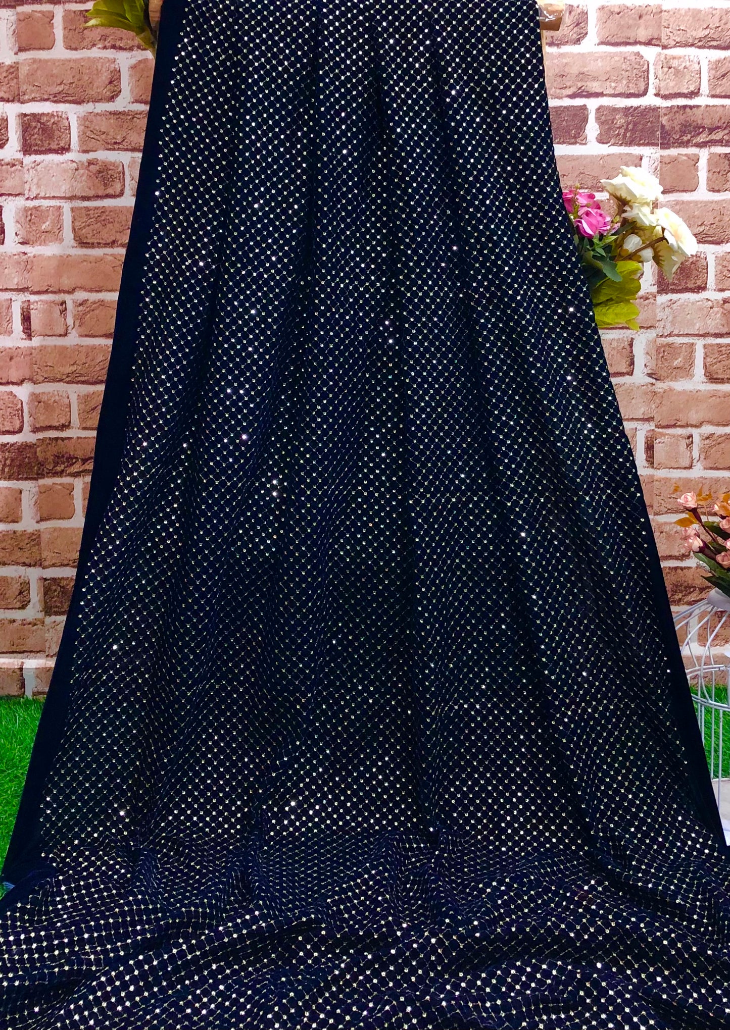 Indian Embroidered Stretch Velvet Fabric in Navy Blue color, Multiple lengths will come in the continuous Piece - VLTF922