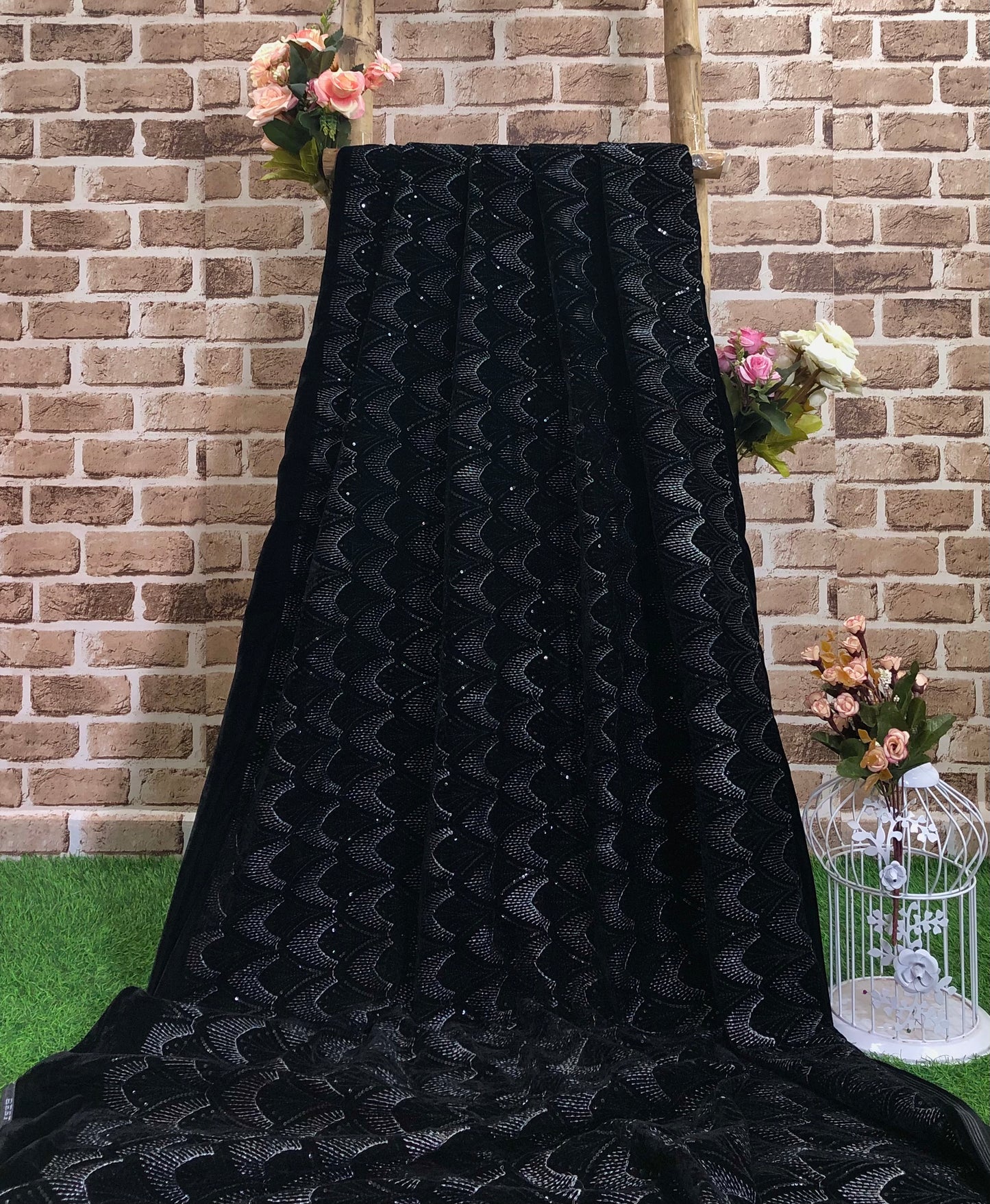 Black Sequins Embroidered Stretch Velvet Fabric, Dress Fabric, Multiple lengths will come in the continuous piece- VLTF1055