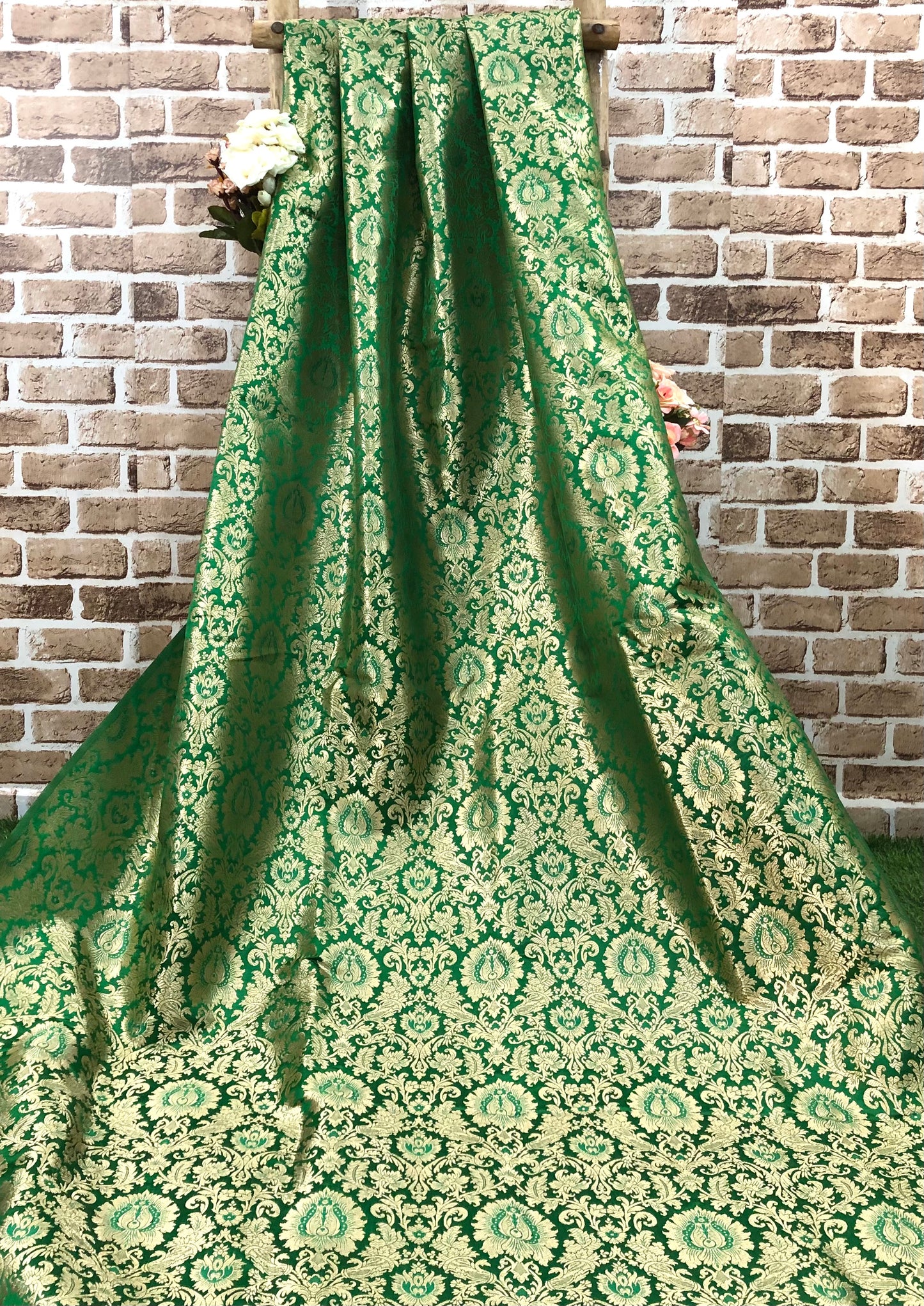 Indian Banarasi Brocade fabric in Green and Gold color, Multiple lengths will come in the continuous piece - NF323