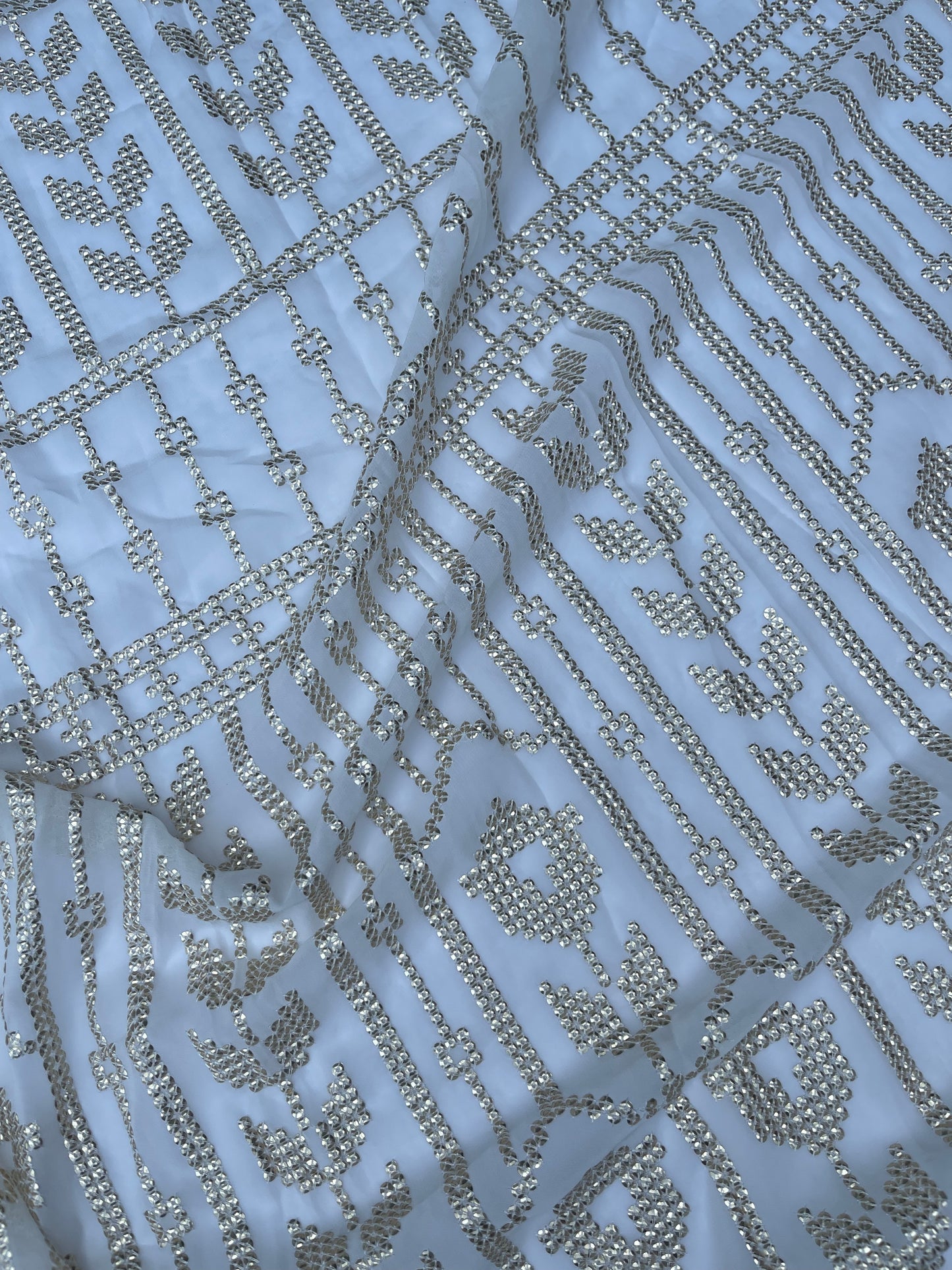 Indian Embroidered CHIFFON Fabric in Off-White color, Multiple lengths will come in the continuous piece - NF945