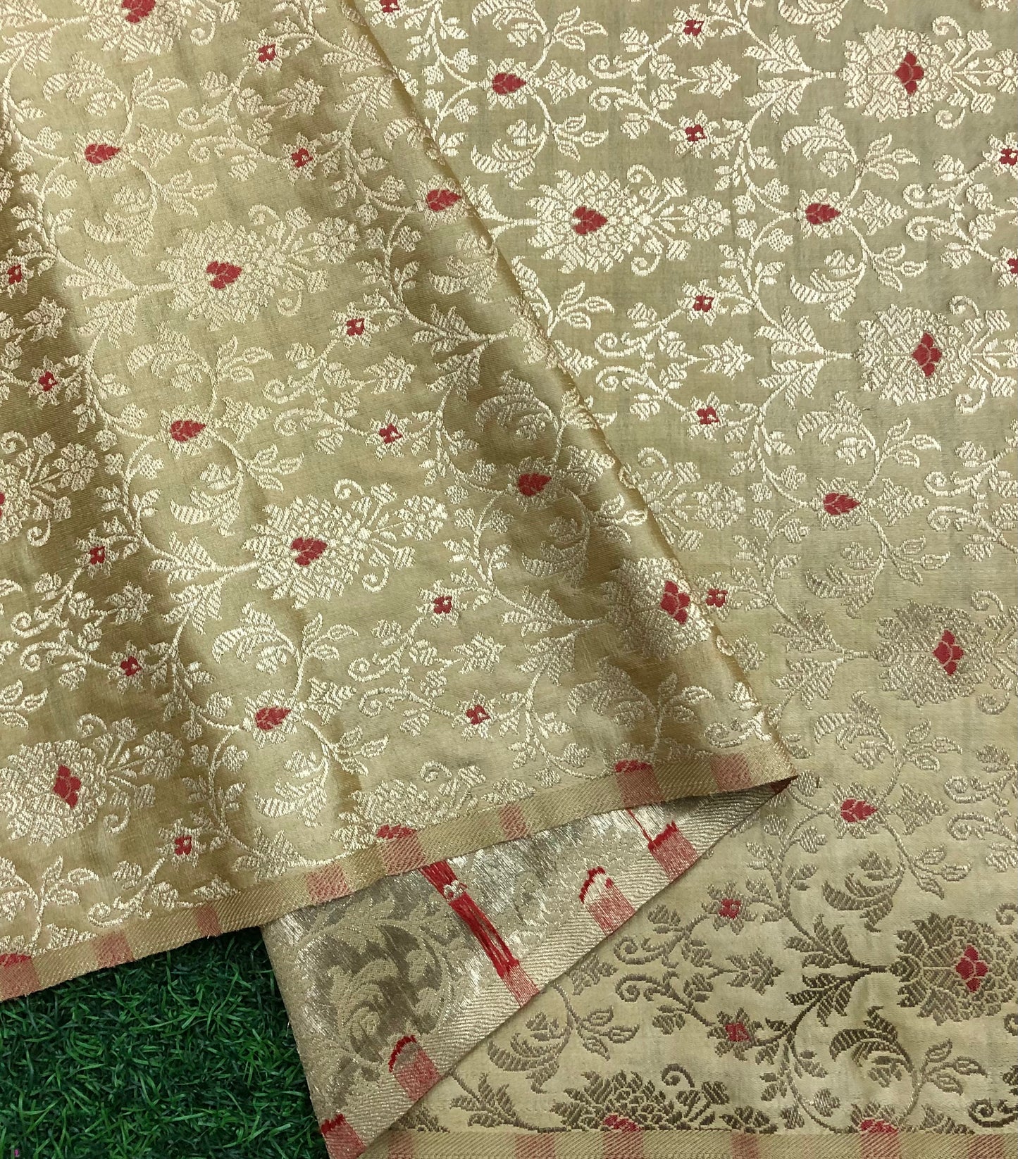 Indian Banarasi Brocade fabric in Beige and Gold color, Multiple lengths will come in a continuous piece - NF712