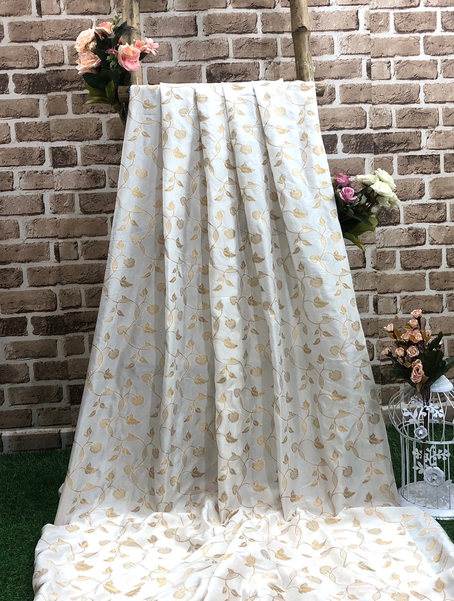 Off White and Gold Dola Silk Dyeable Fabric, Wedding Dress Fabric, Multiple lengths will come in the continuous piece - NF863