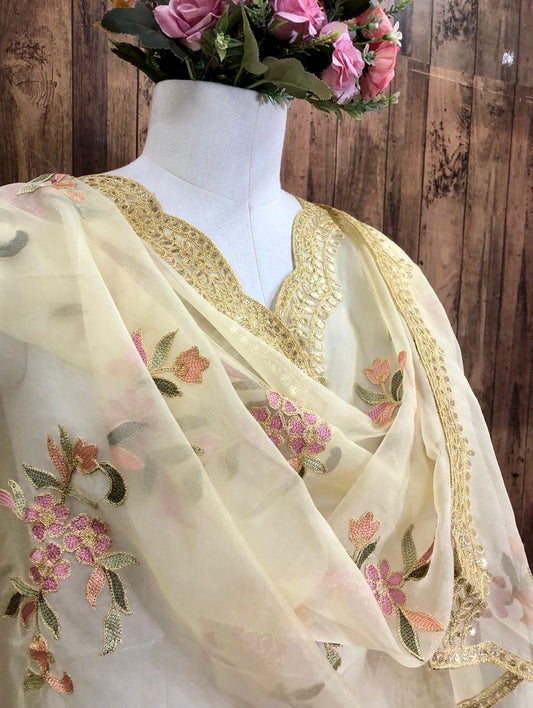 Lemon Cream Embroidered Organza Dupatta for Women, Stole, Scarf, Shawl, Abaya, Chunari, Occasion Wear, Veil, Indian Fashion, Chunni,DP2007