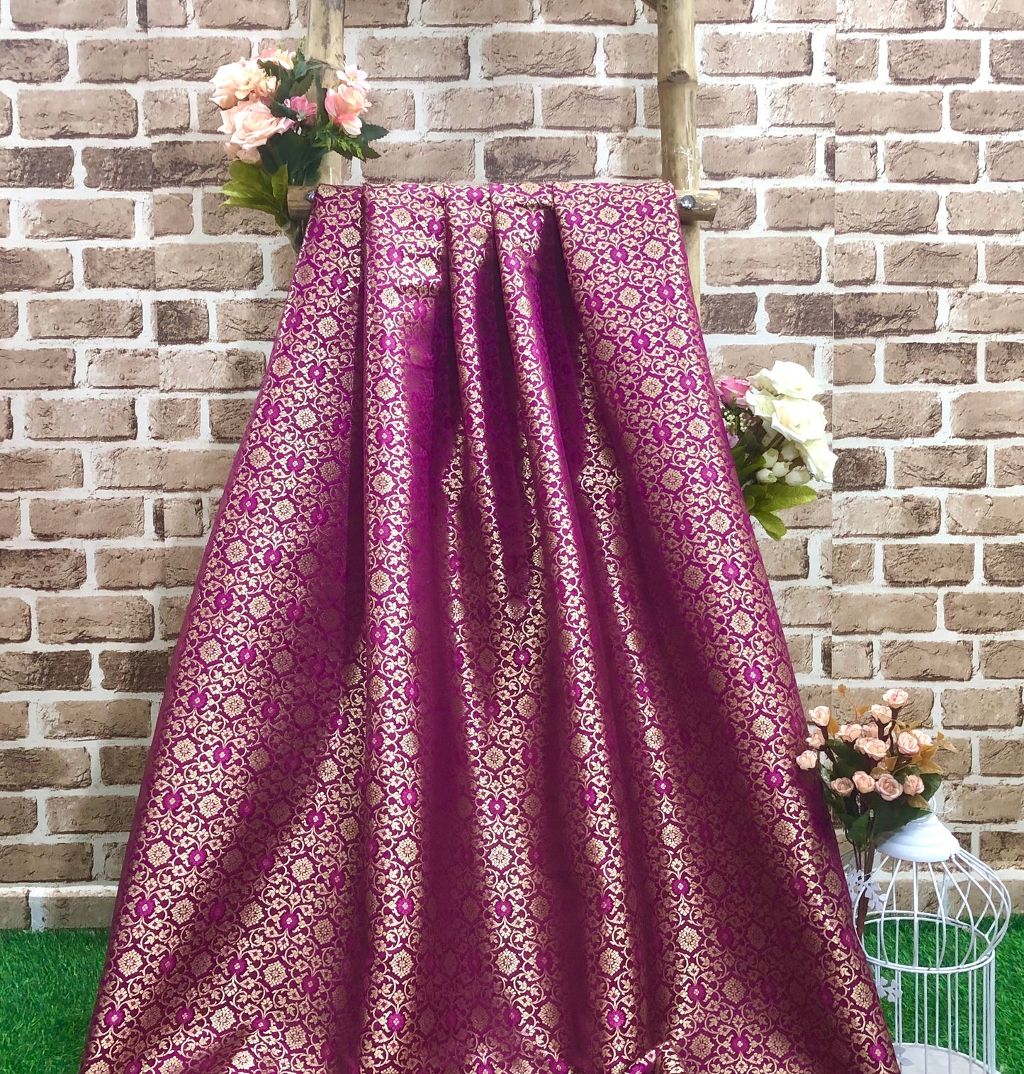 indian Banarasi Brocade Fabric in Magenta Pink and Gold color, Multiple lengths will come in the continuous piece - NF888