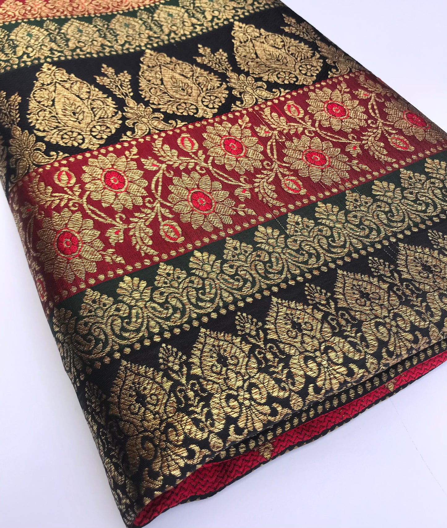 Indian Banarasi Brocade Fabric in Green, Red and Gold color,  Multiple lengths will come in the continuous piece - NF572