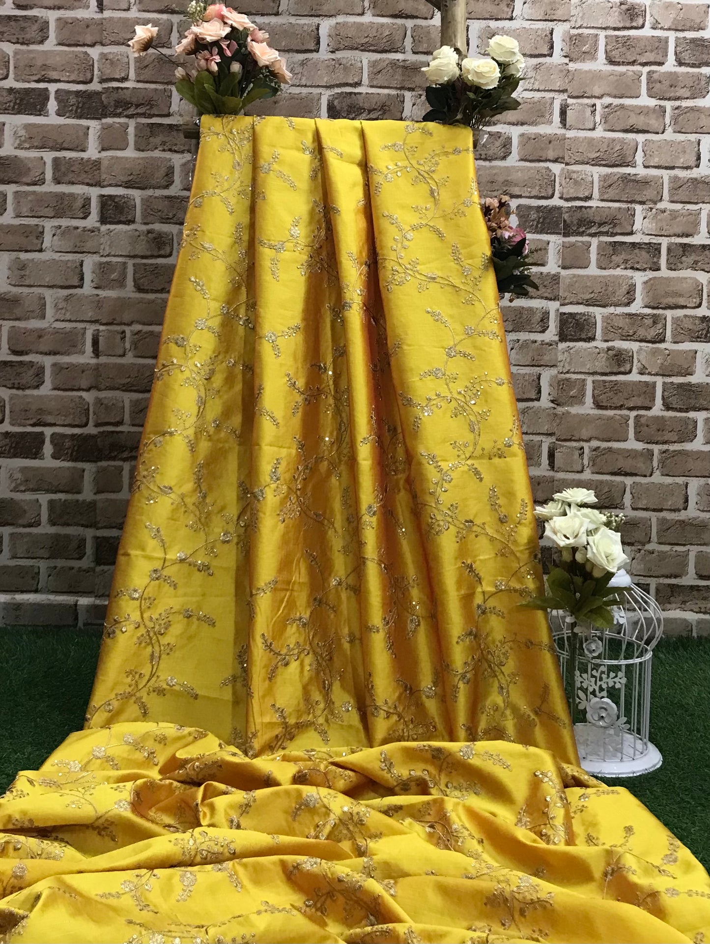 Indian Embroidered Fabric in Yellow and Gold Color, Multiple lengths will come in the continuous piece - NF722