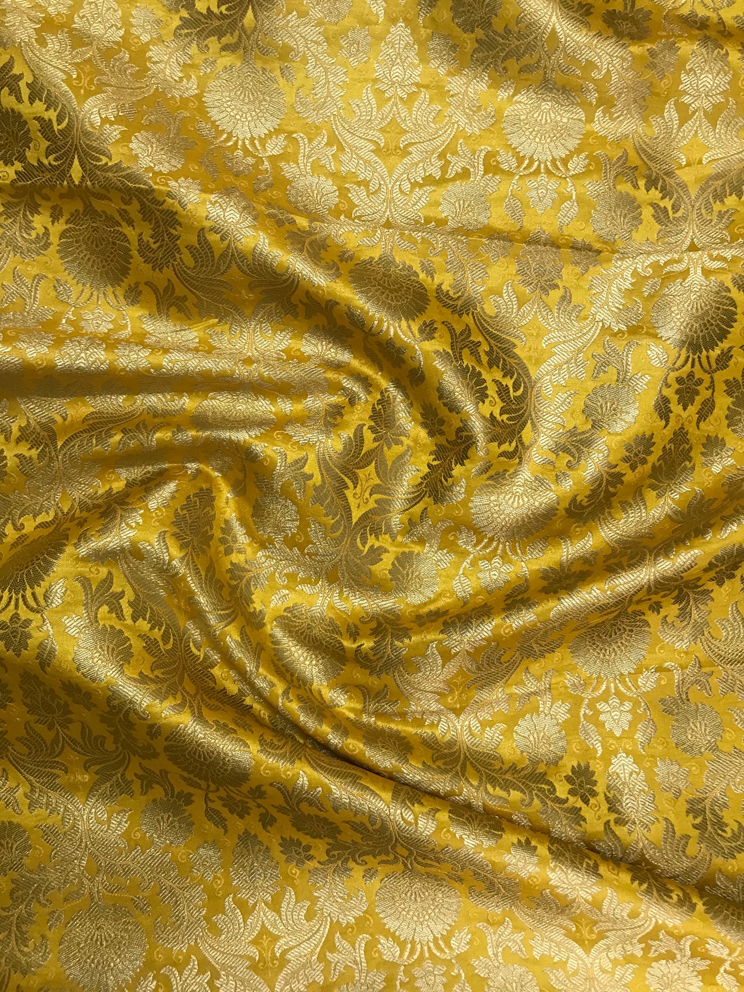 Indian Banarasi Brocade fabric in Yellow and Gold color, Multiple lengths will come in the continuous piece - NF340