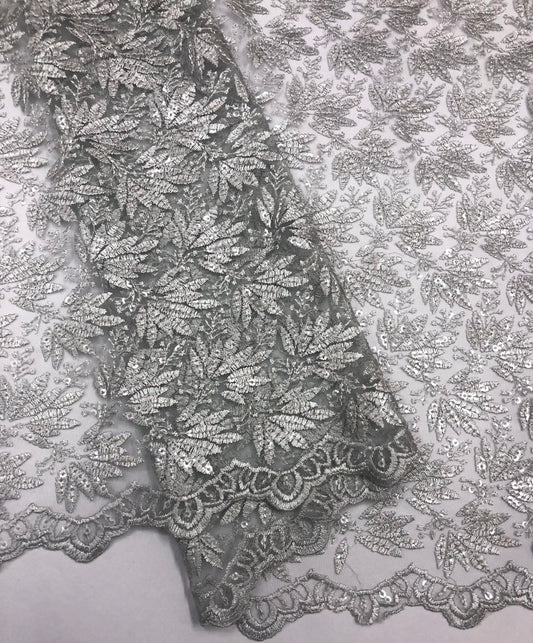 Gray Embroidered fabric, Tulle fabric, Wedding dress, Mesh fabric, Floral design, Bridesmaid dress, Vintage fabric, Indian fabric - NFAF1064