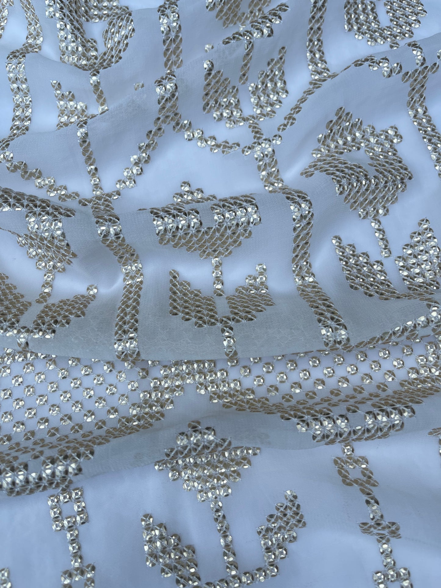 Indian Embroidered CHIFFON Fabric in Off-White color, Multiple lengths will come in the continuous piece - NF945