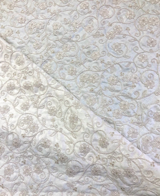 White Embroidered Fabric, Bridal Wedding Dress Fabric, Multiple lengths will come in the continuous piece - NF875