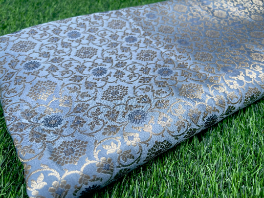 Indian Banarasi Brocade fabric in Gray and Gold color, Multiple lengths will come in the continuous piece - NF887