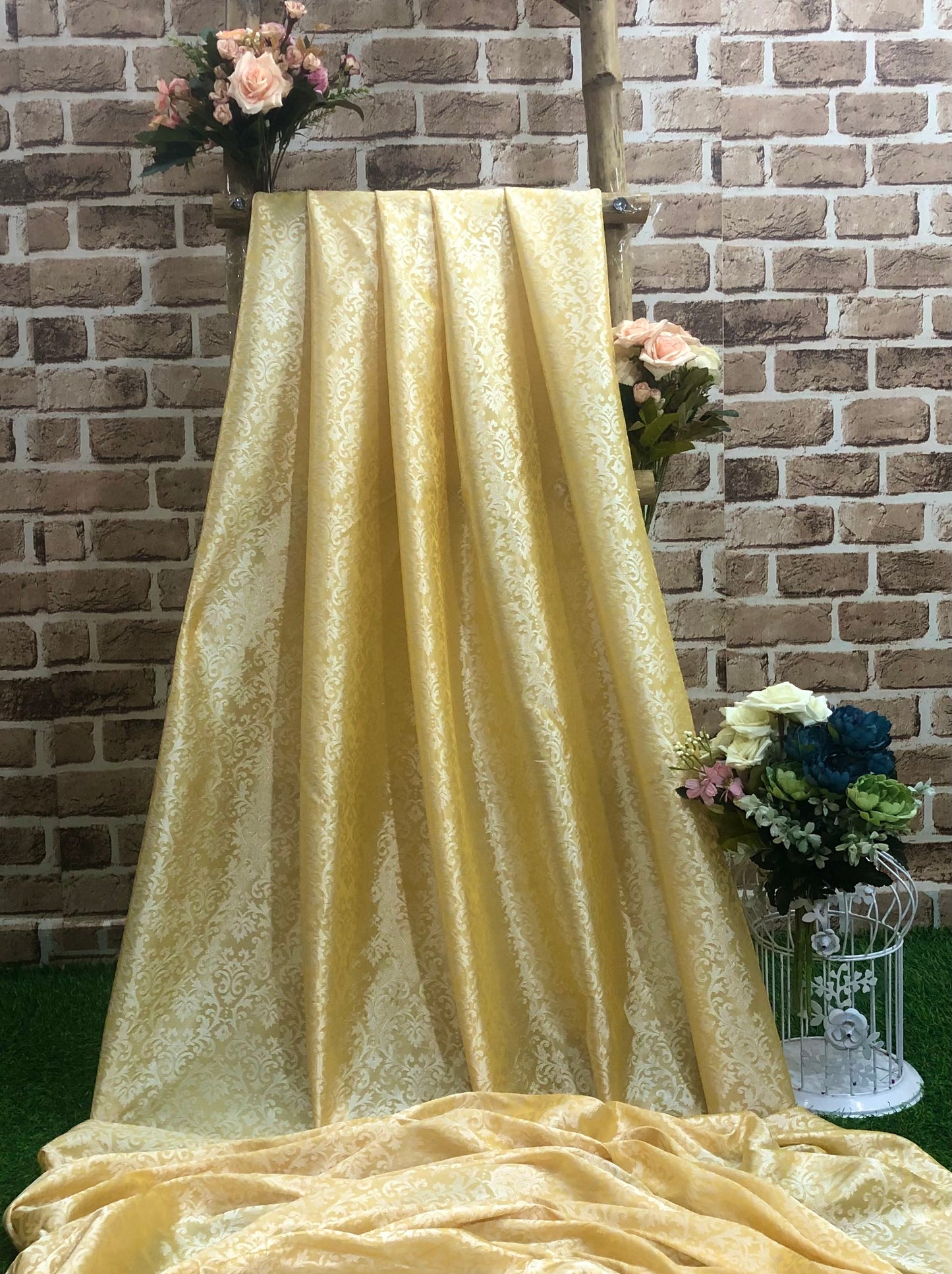 Indian Banarasi Brocade Fabric Lemon Yellow Color, Multiple Lengths will come in the continuous Piece - NF547