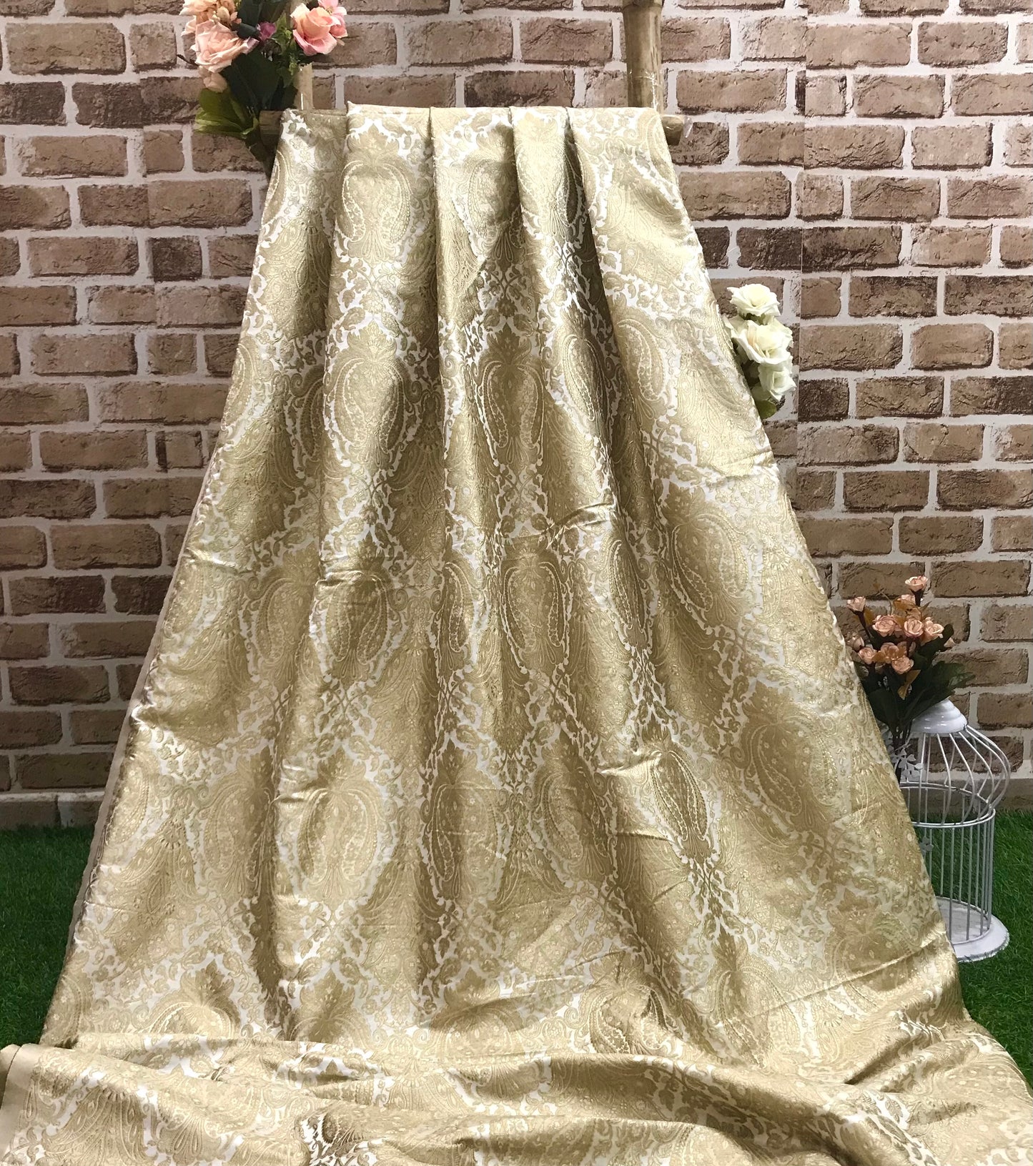 Indian Banarasi Brocade Fabric in White and Gold color,  Multiple lengths will come in the continuous piece - NF591