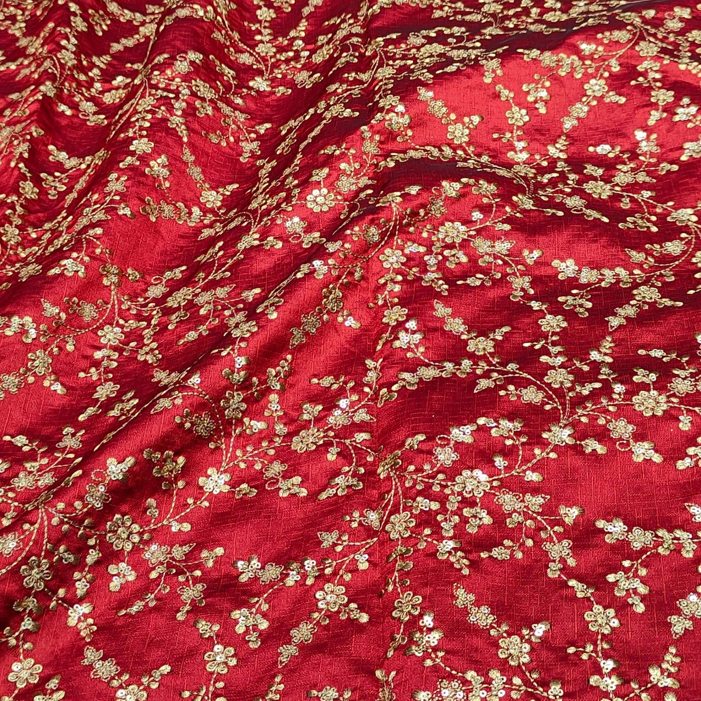 Indian Embroidered Fabric in Red & Gold color, Multiple lengths will come in the continuous piece - NF334