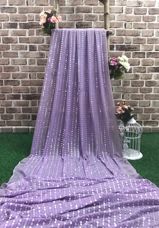 Lavender Mauve Georgette Bridal Gown Fabric, Embroidered Wedding Dress Fabric, Multiple yardage will come in one piece- NF768