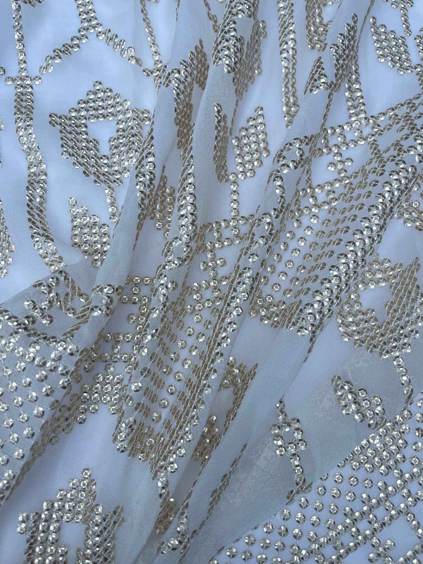 Indian Embroidered CHIFFON Fabric in Off-White color, Multiple lengths will come in the continuous piece - NF945