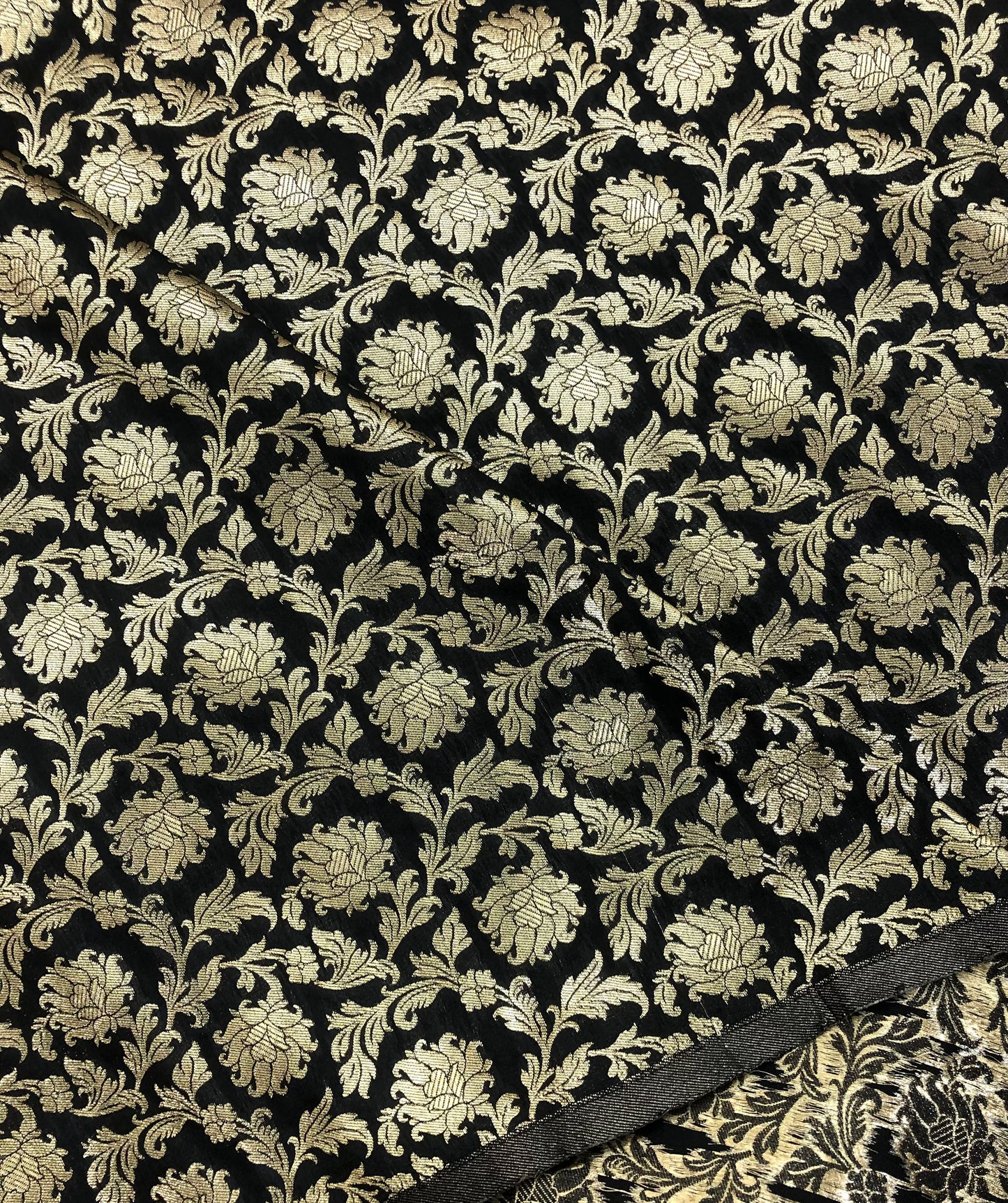 Indian Banarasi Brocade Fabric in Black and Gold Color, Multiple Length will come in a continuous Piece - NF184