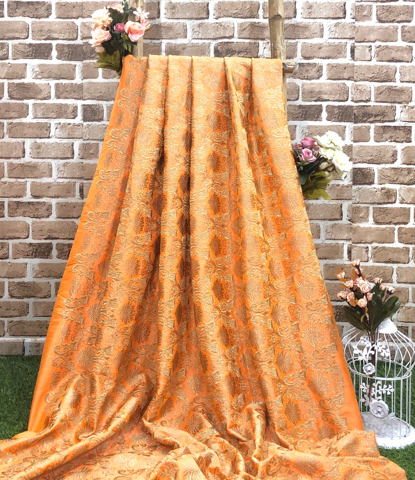 Indian Embroidered Fabric in Orange color, Multiple lengths will come in the continuous piece - NF842