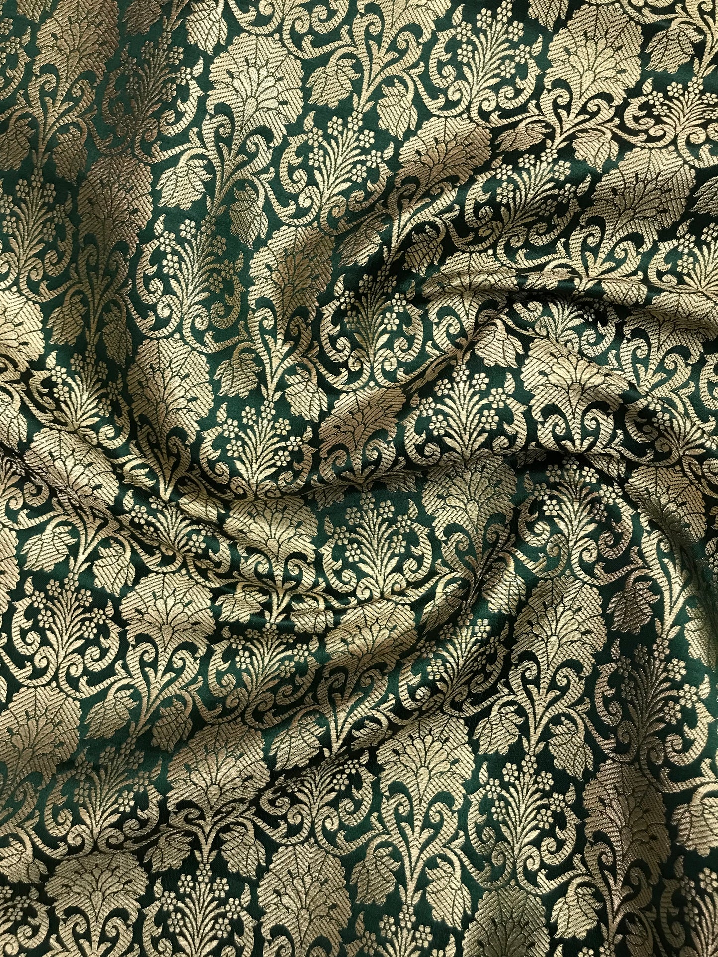 Indian Banarasi Brocade Fabric in Green and Gold color, Multiple lengths will come in the continuous Piece - NF433