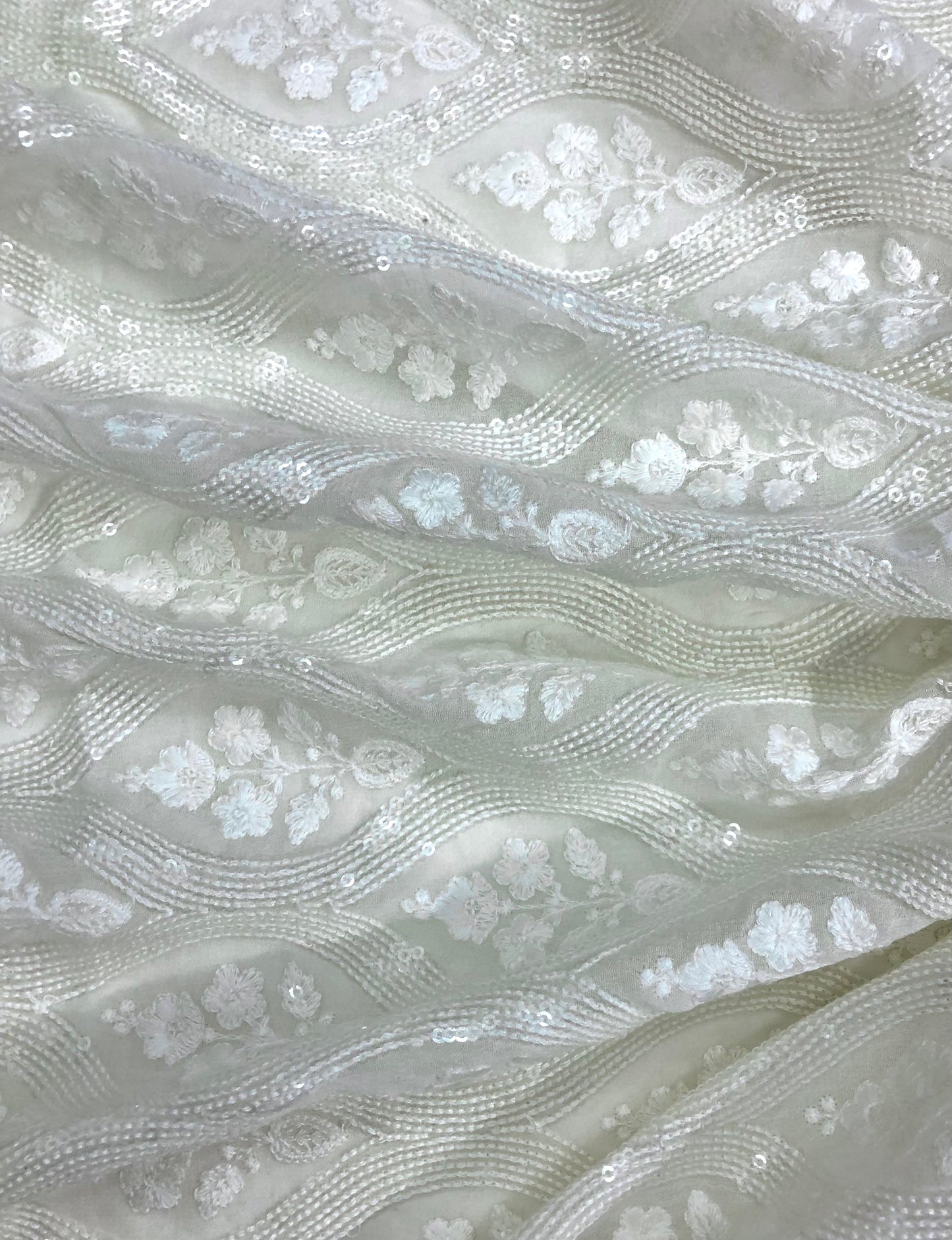 Indian Embroidered Fabric CHIFFON in Off-White color, Multiple lengths will come in the continuous piece - NF932