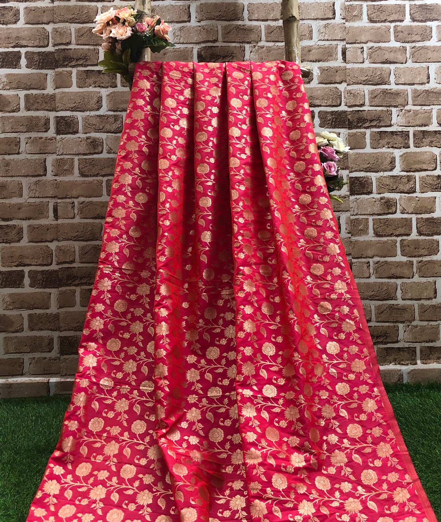 Banarasi Brocade Fabric in Coral Pink and Gold color, Multiple lengths will come in the continuous piece - NF761