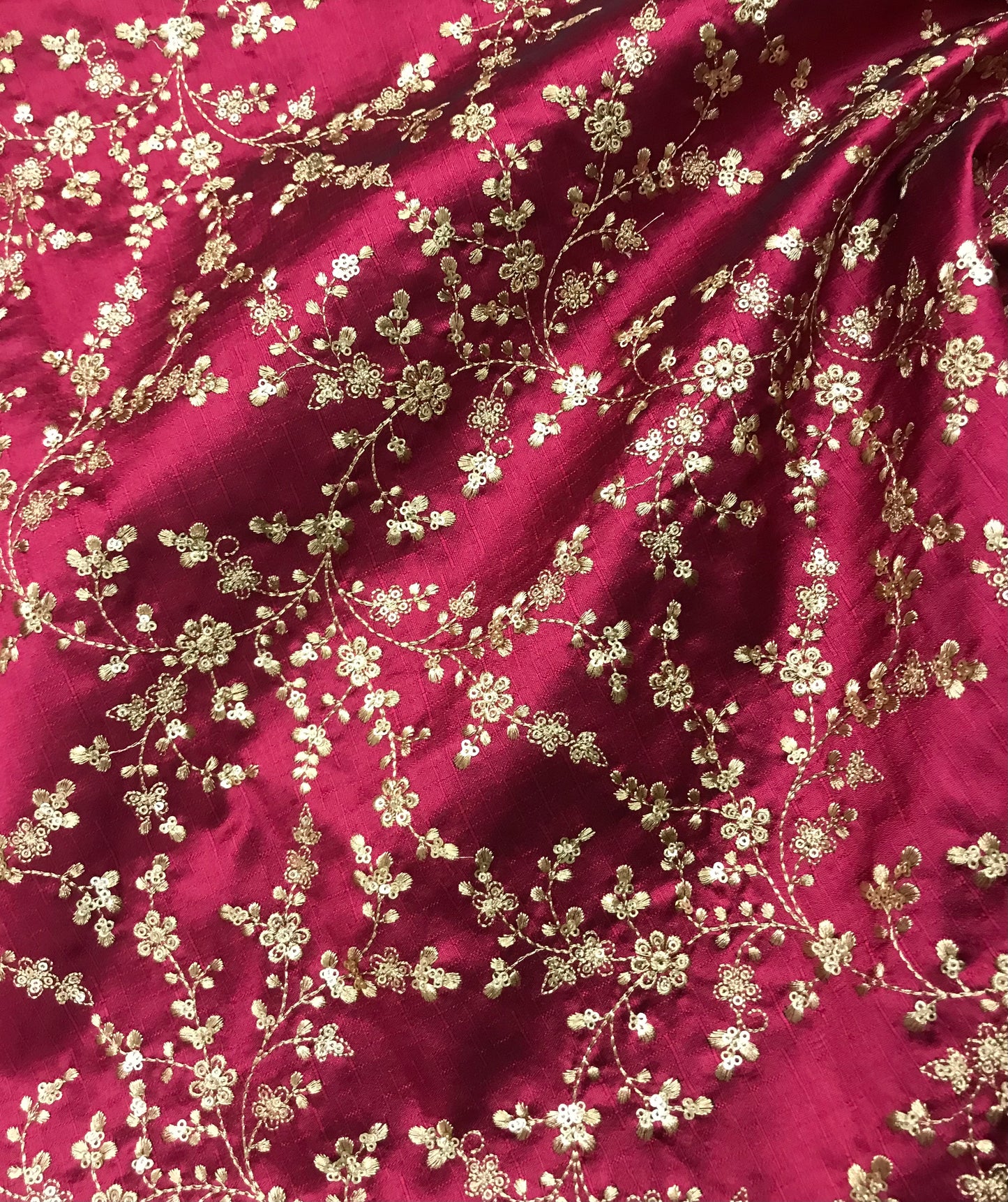 Indian Embroidered Fabric in Fuchsia Red and Gold color, Multiple lengths will come in the continuous piece - NF721