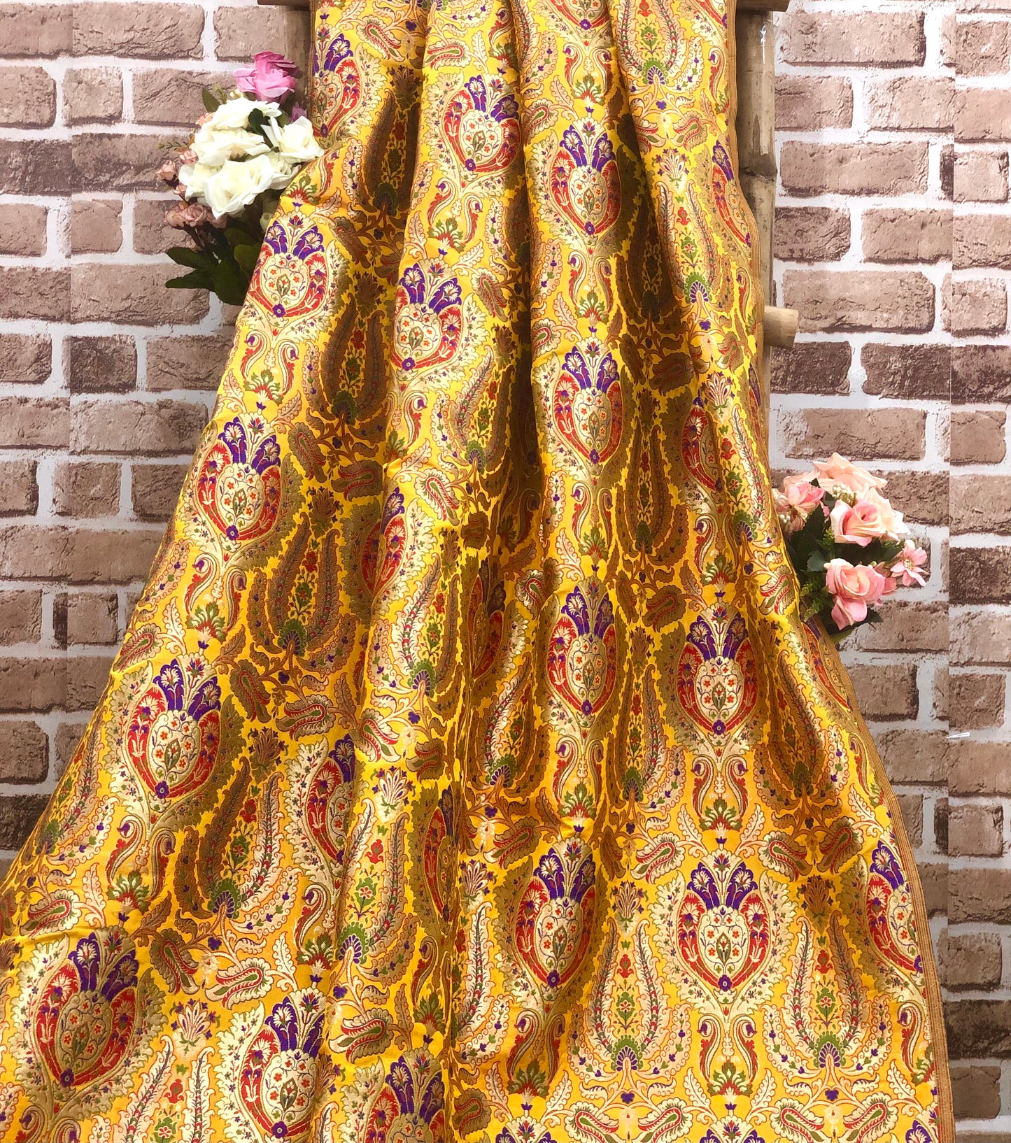 Indian Banarasi Brocade Fabric in Yellow and Gold color, Multiple lengths will come in the continuous piece - NF84