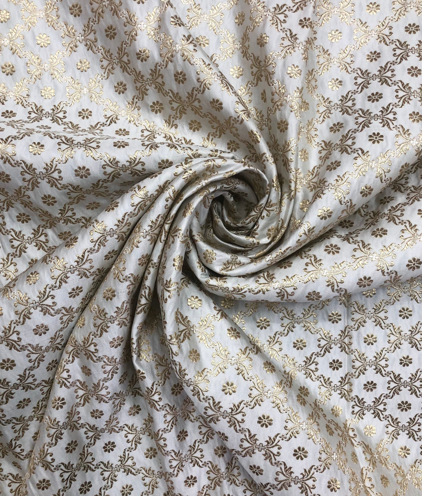 Indian Banarasi Brocade fabric in White and Gold color, Multiple lengths will come in the continuous piece - NF667