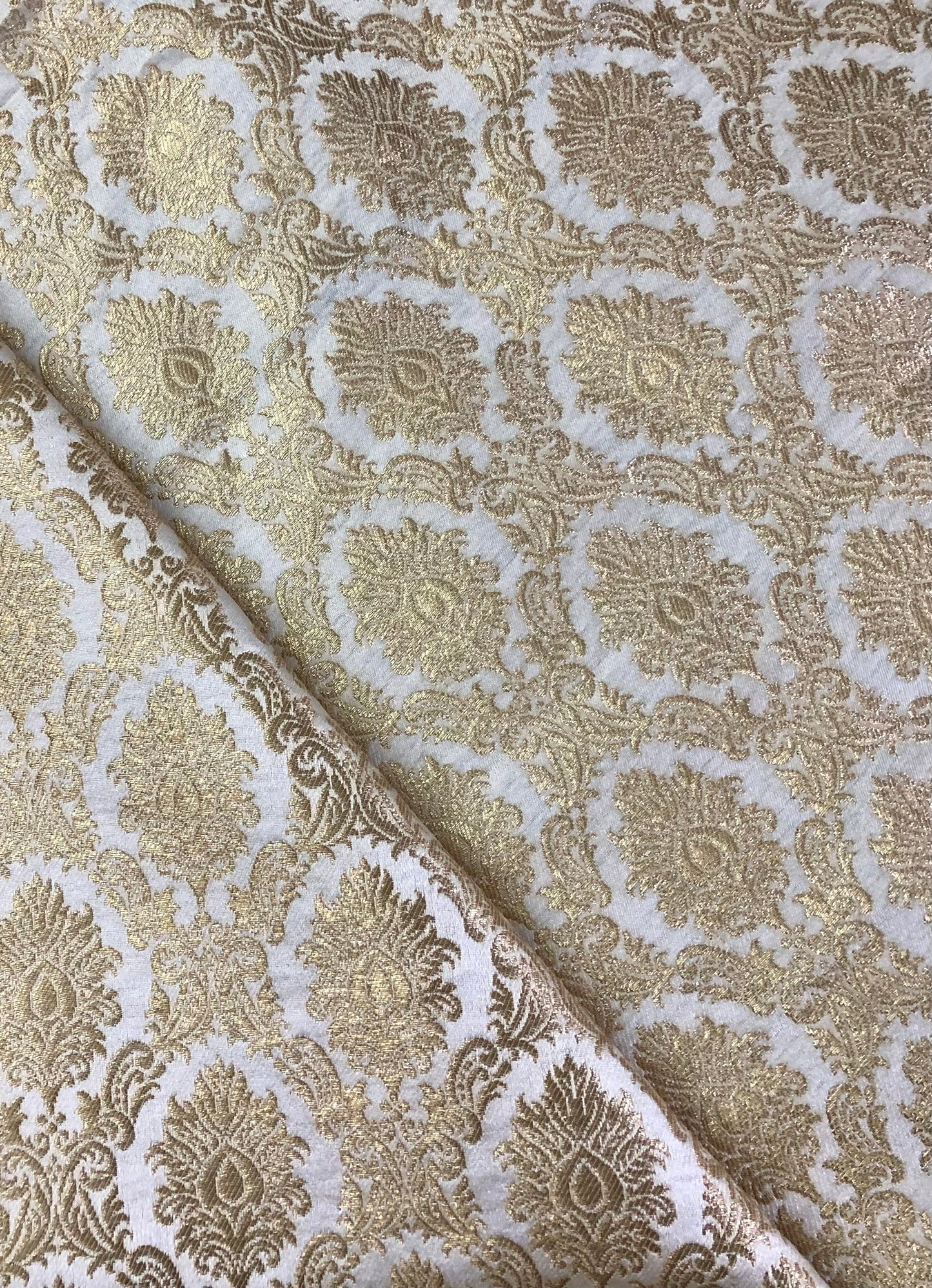 Indian Banarasi Brocade Fabric in White and Gold color, Multiple lengths will come in the continuous piece - NF585