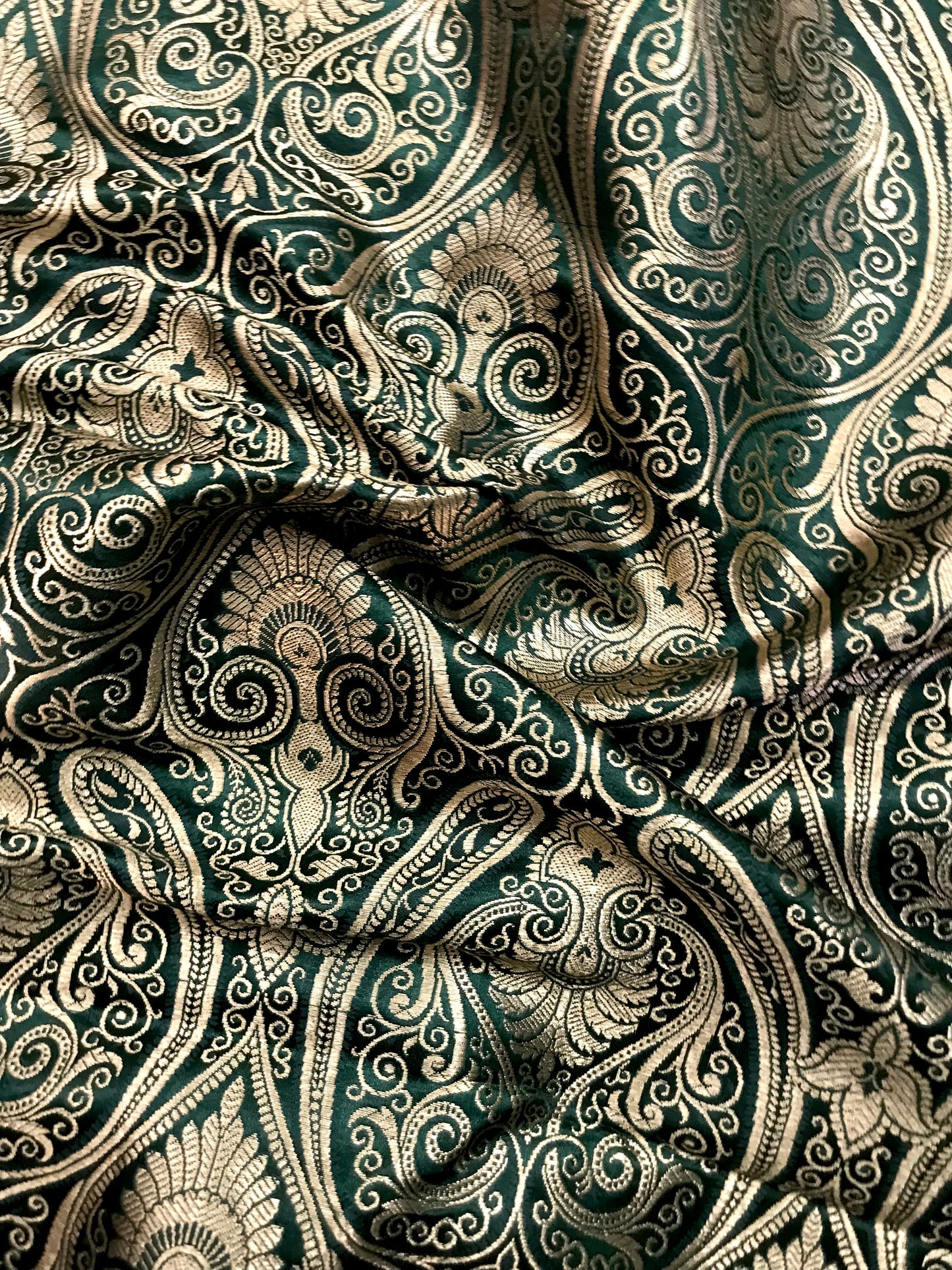 Indian Banarasi Brocade Fabric in Green and Gold color, Multiple lengths will come in the continuous piece - NF182