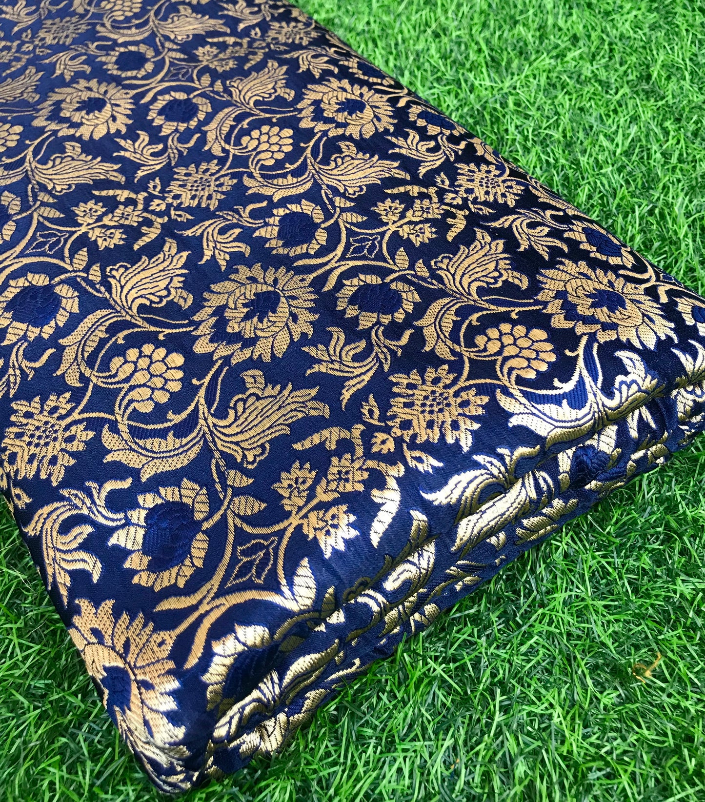 Indian Banarasi Brocade fabric in Navy Blue and Gold color, Multiple lengths will come in the continuous piece - NF635