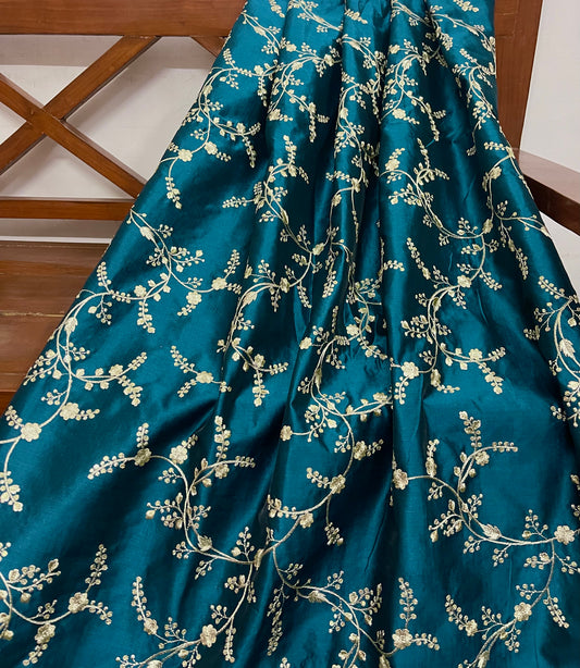 Indian Embroidered fabric in Peacock Blue and Silverish Gold color, Multiple lengths will come in the continuous piece - NFAF1087