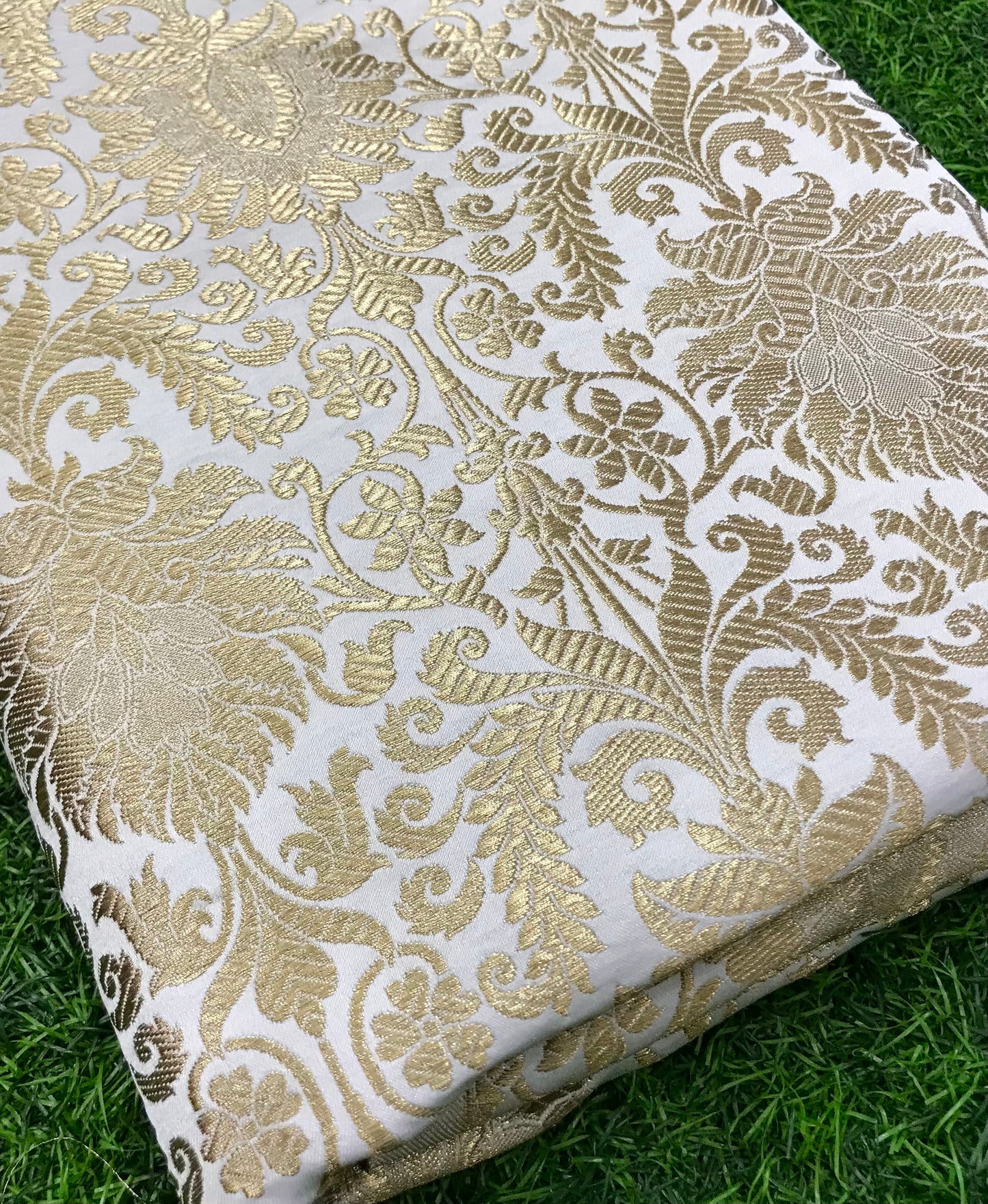 Indian Banarasi Brocade fabric in Off White and Gold color,  Multiple lengths will come in a continuous piece - NF97