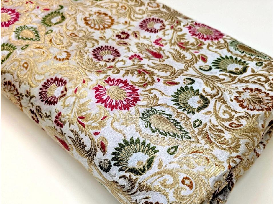 Indian Brocade fabric Jacquard damask fabric White Gold fabric Wedding bridal fabric Luxury dress fabric Upholstery fabric by the yard NFAF104