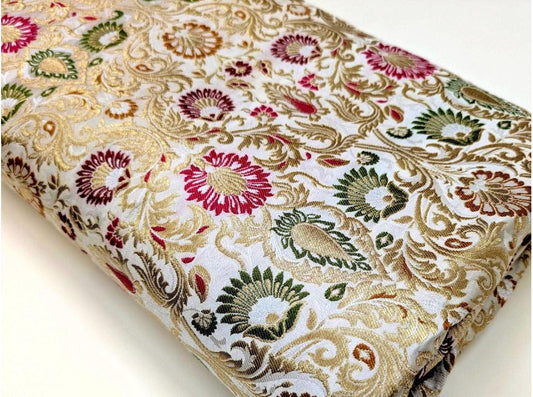 Indian Brocade fabric Jacquard damask fabric White Gold fabric Wedding bridal fabric Luxury dress fabric Upholstery fabric by the yard NFAF104