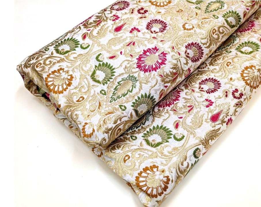 Indian Brocade fabric Jacquard damask fabric White Gold fabric Wedding bridal fabric Luxury dress fabric Upholstery fabric by the yard NFAF104