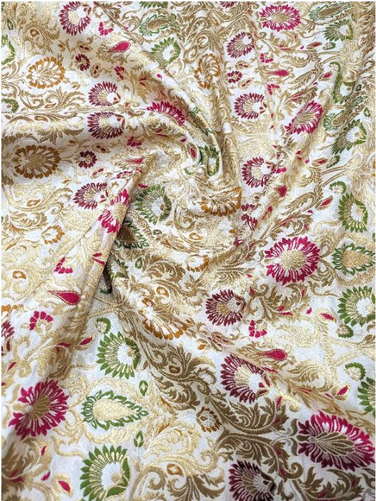 Indian Brocade fabric Jacquard damask fabric White Gold fabric Wedding bridal fabric Luxury dress fabric Upholstery fabric by the yard NFAF104