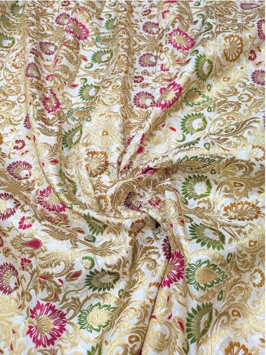 Indian Brocade fabric Jacquard damask fabric White Gold fabric Wedding bridal fabric Luxury dress fabric Upholstery fabric by the yard NFAF104