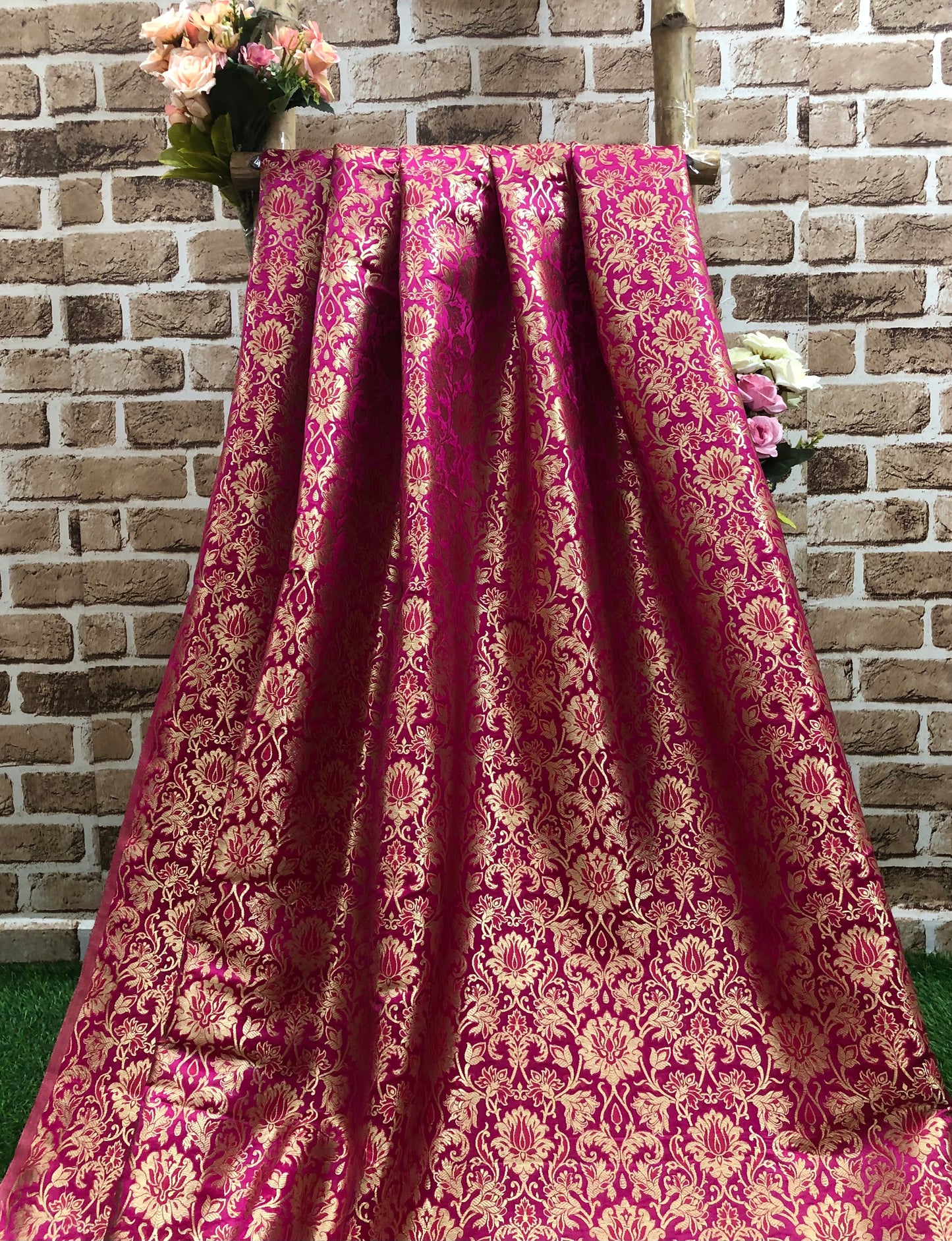 Indian Banarasi Brocade Fabric in Hot Pink and Gold color, Multiple lengths will come in the continuous Piece - NF426