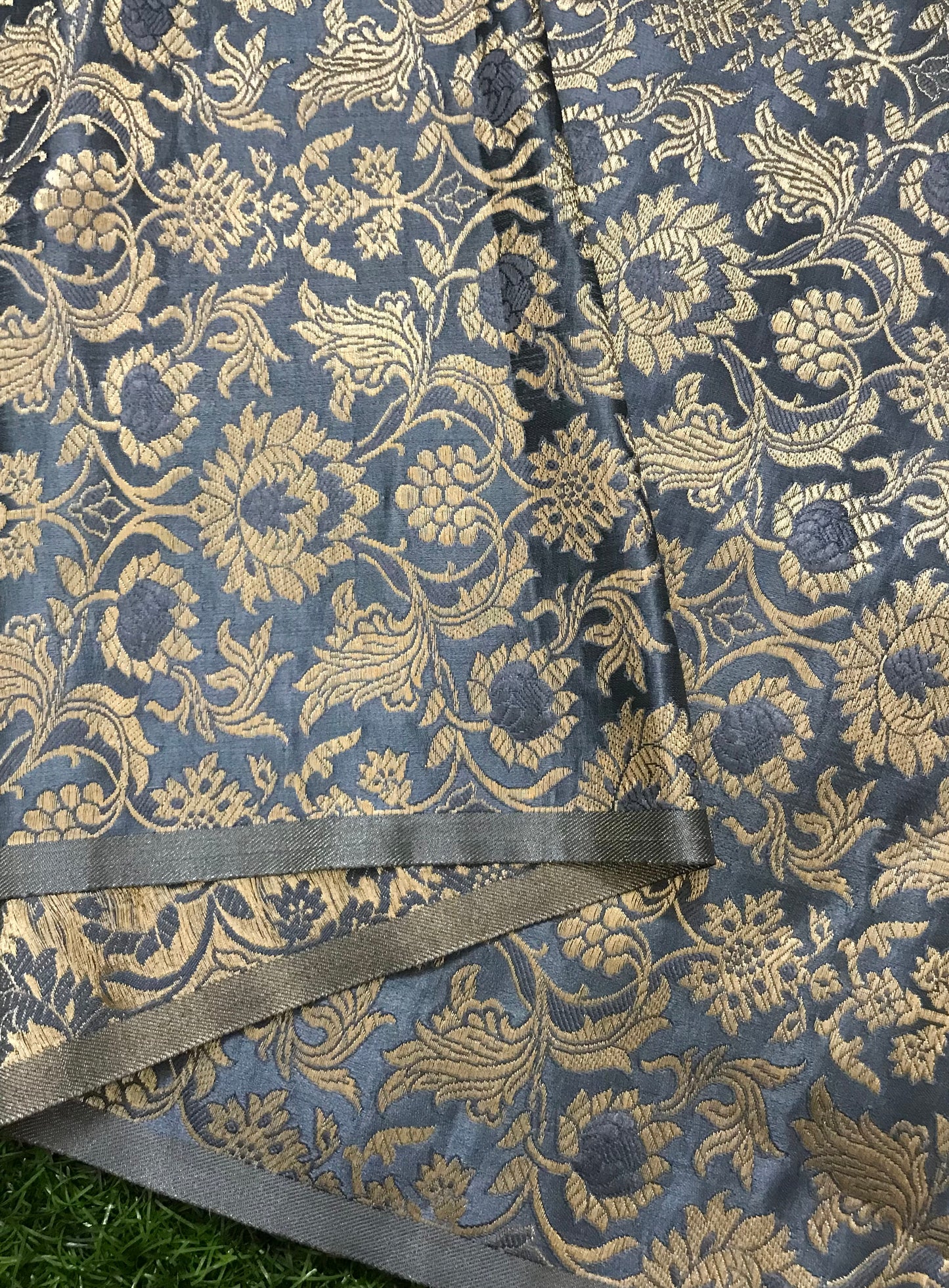 Indian Banarasi Brocade fabric in Gray and Gold color, Multiple lengths will come in the continuous piece - NF61