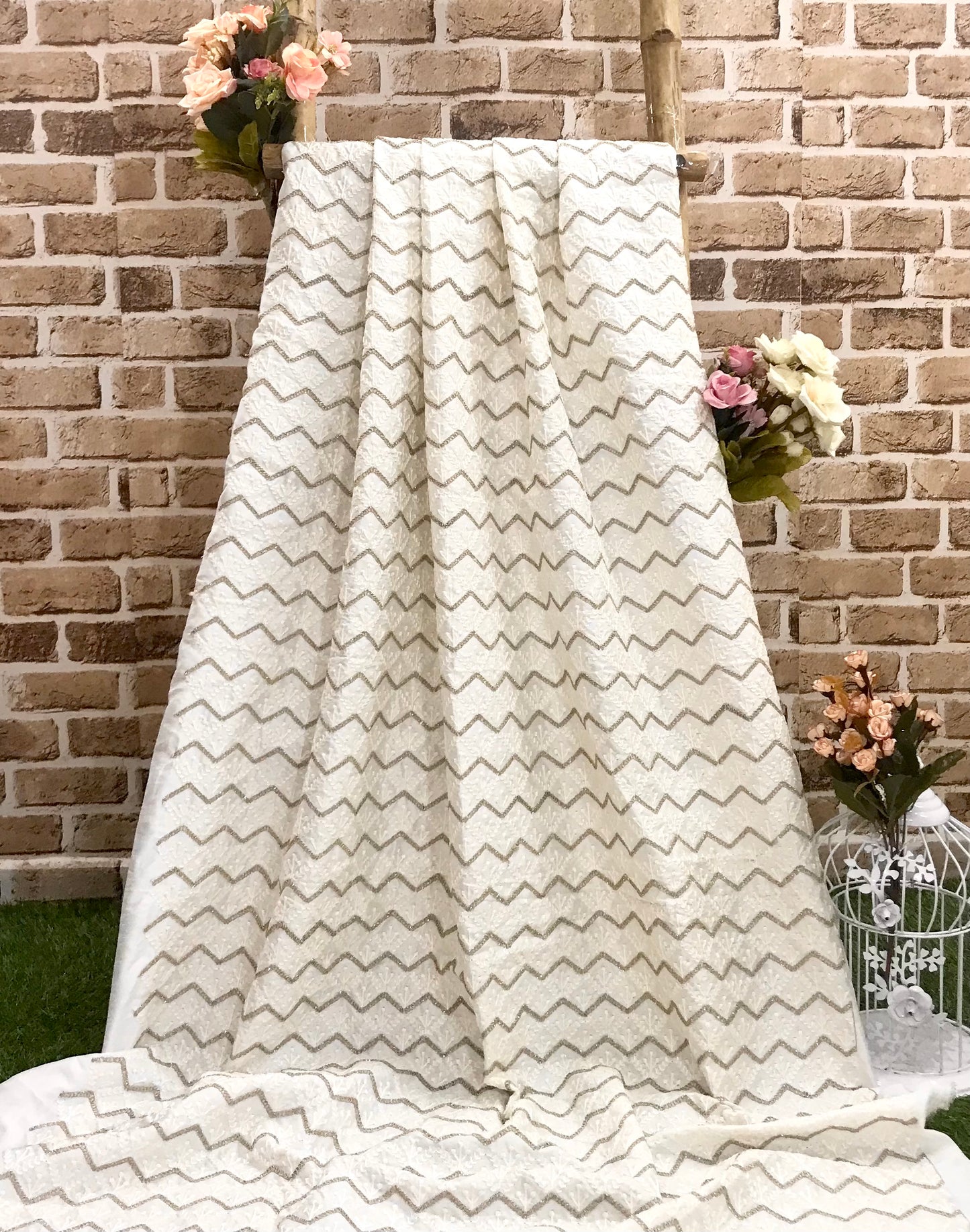 Off-White Embroidered Fabric, Bridal Wedding Dress Fabric, Multiple lengths will come in the continuous piece - NF661