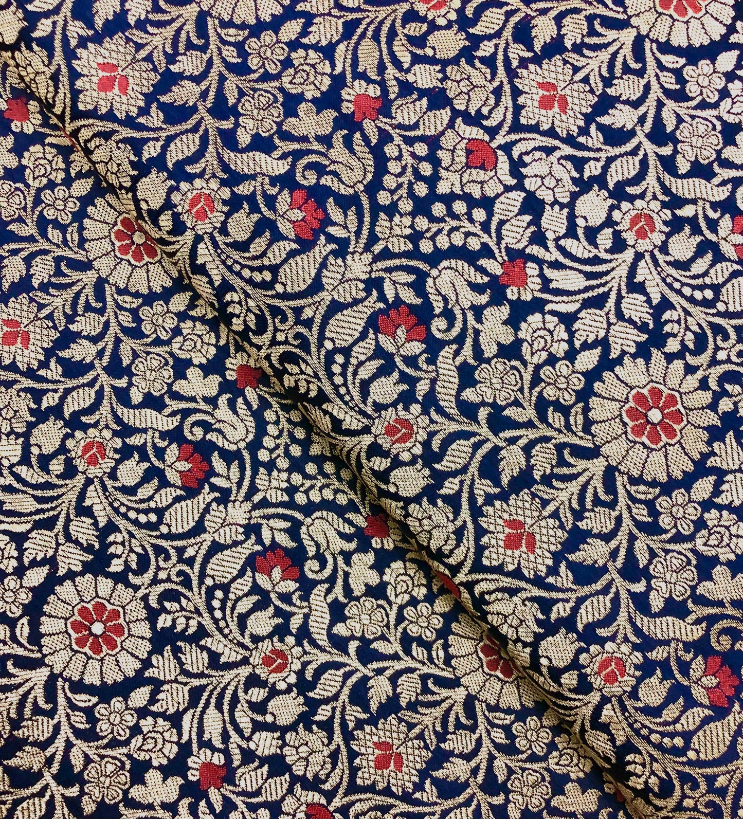 indian Banarasi Brocade Fabric in Navy Blue and Gold Color, Multiple lengths will come in the continuous piece - NFAF648