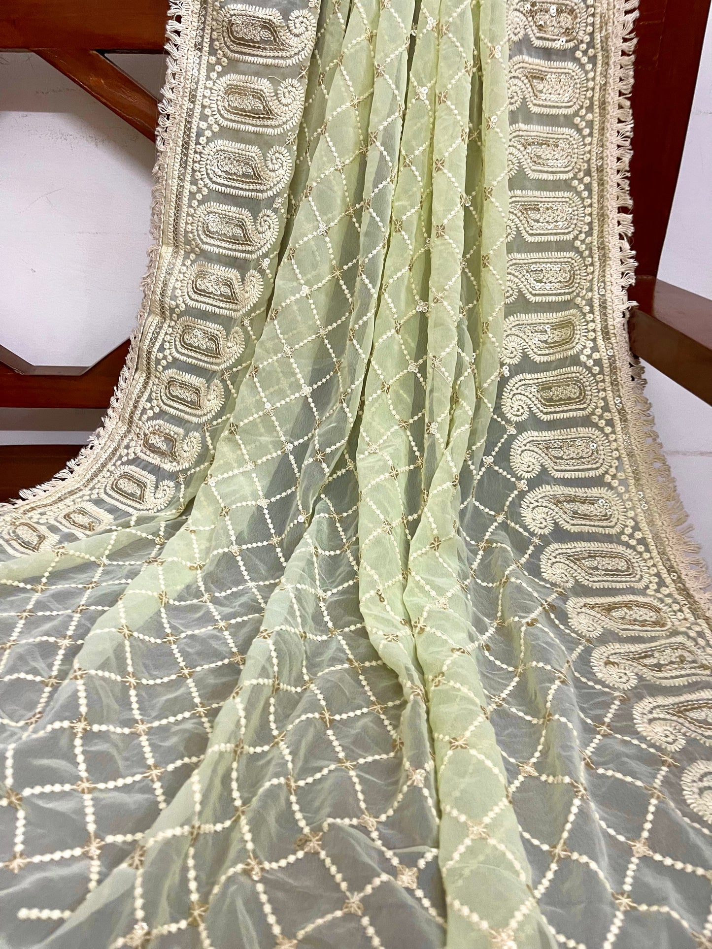 Pastel Sage Green Georgette Embroidered Dupatta, Lakhnavi Chikankari Indian style dupatta, Handmade Dupatta/Shawl, Indian DP1059