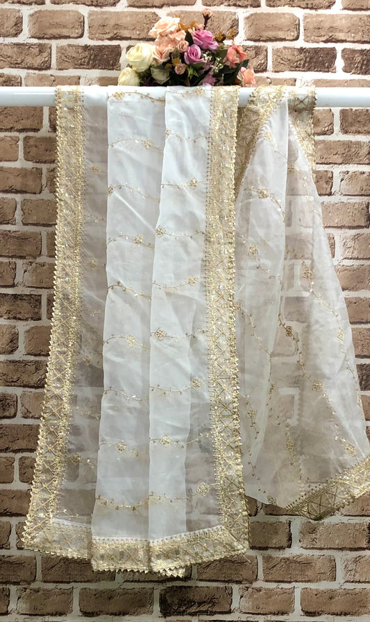 White & Gold Organza Dupatta and Sequins Embroidery, Indian Stole, Scarf for women, Bridal Wedding Fabric, Veil, DP13