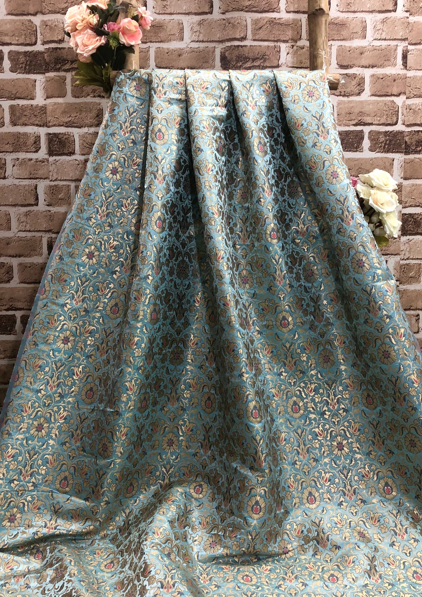 Indian Banarasi Brocade fabric in Slate Blue and gold color, Multiple lengths will come in the continuous piece - NF776