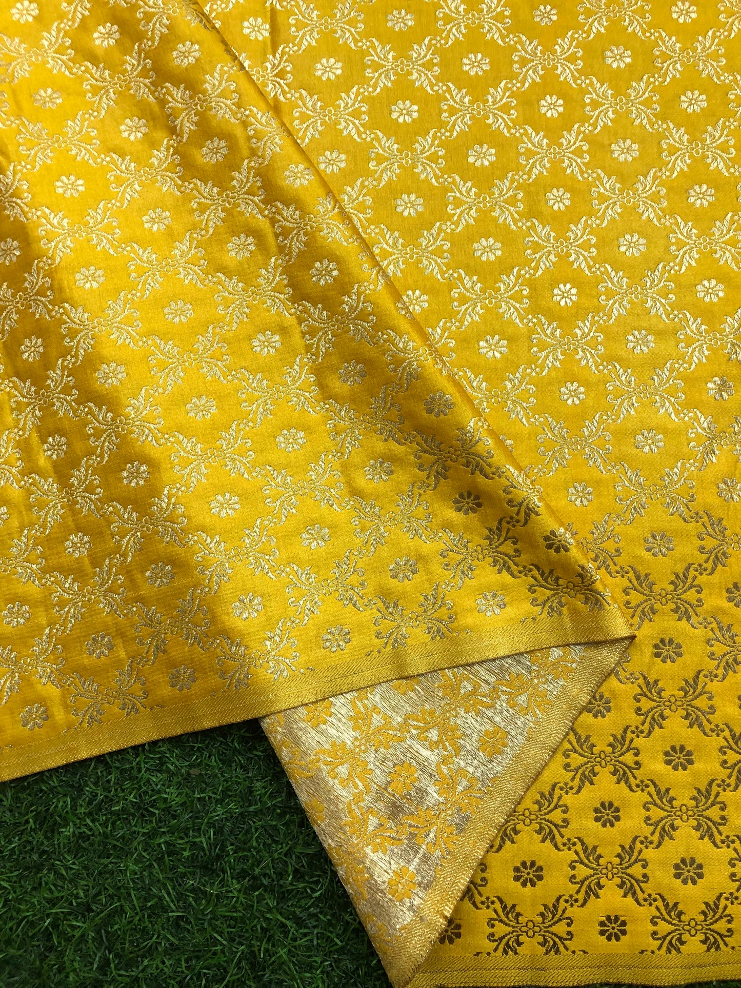 Indian Banarasi Brocade Fabric in Yellow and Gold  color, Multiple lengths will come in the continuous piece - NF314