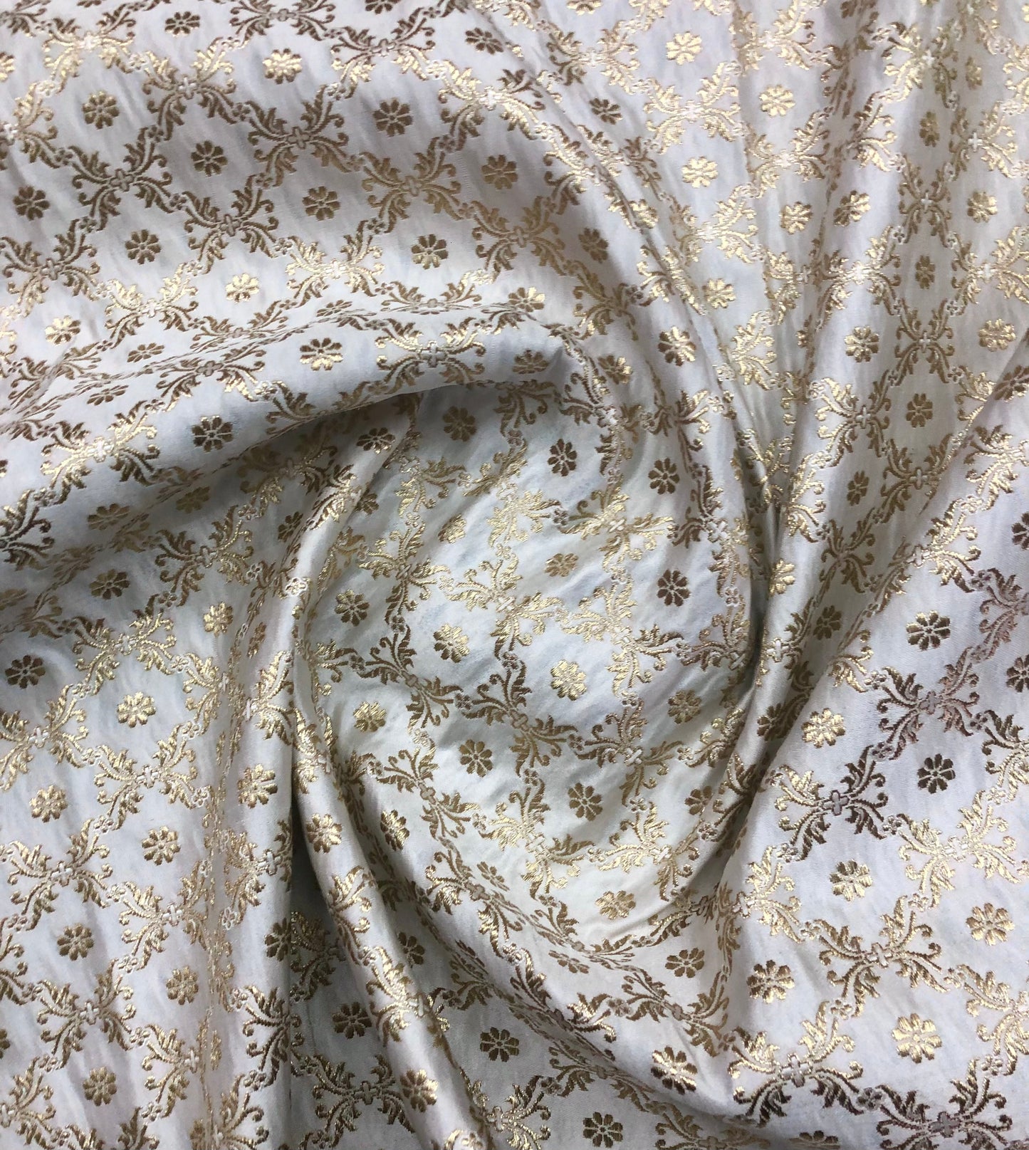 Indian Banarasi Brocade fabric in White and Gold color, Multiple lengths will come in the continuous piece - NF667