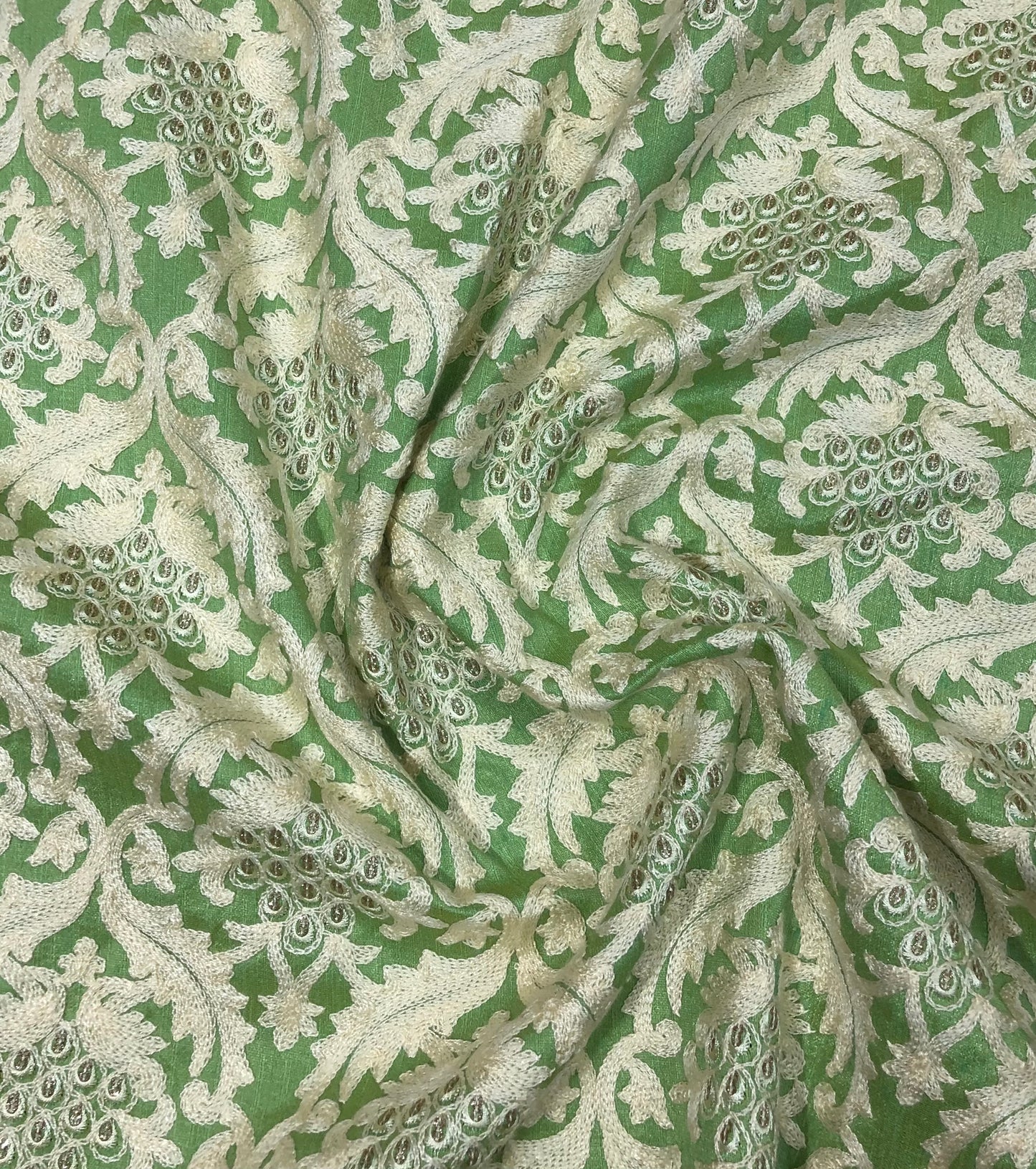 Indian Embroidered Fabric in Green color, Multiple lengths will come in the continuous piece - NF833