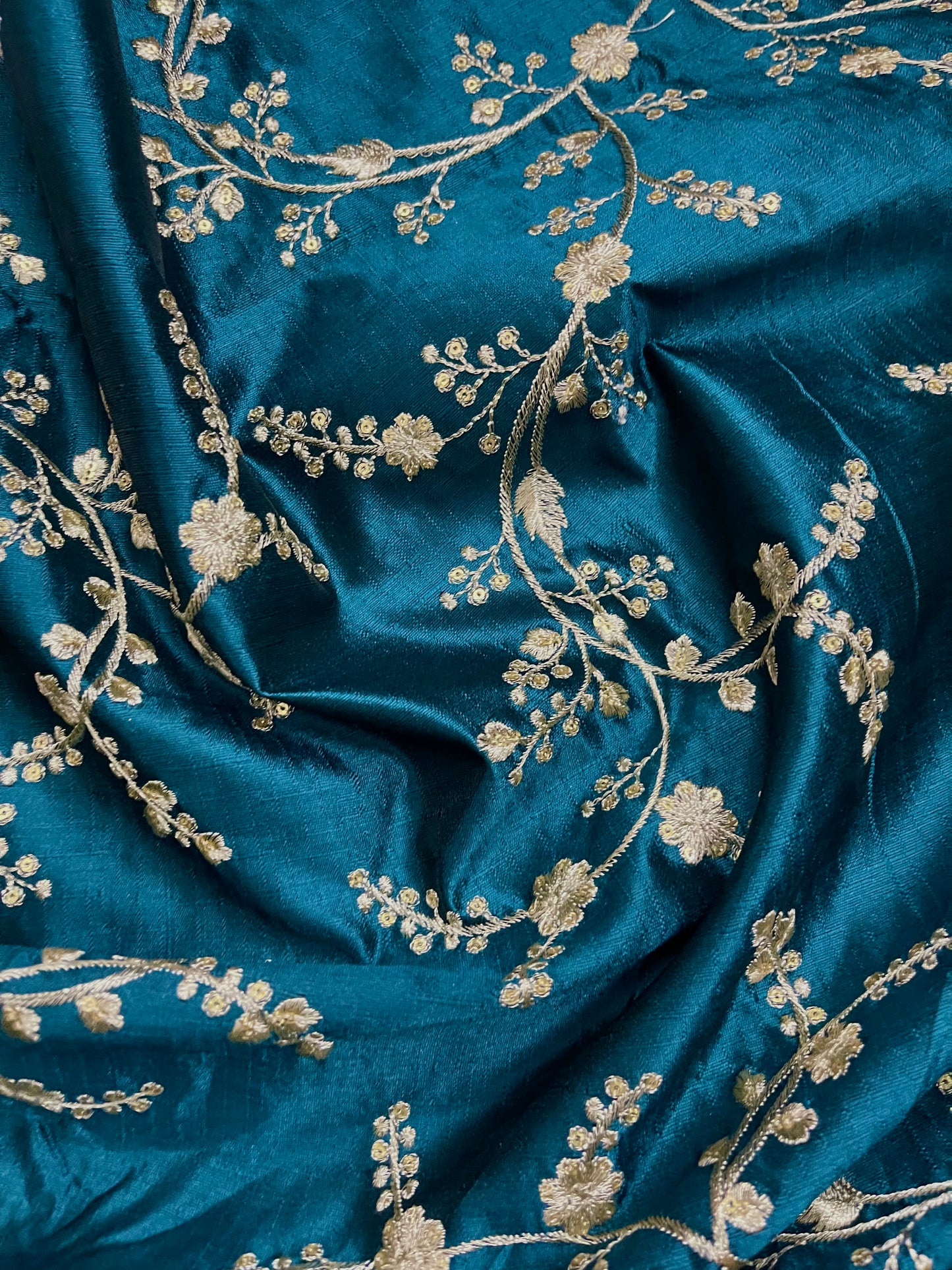 Indian Embroidered fabric in Peacock Blue and Silverish Gold color, Multiple lengths will come in the continuous piece - NFAF1087